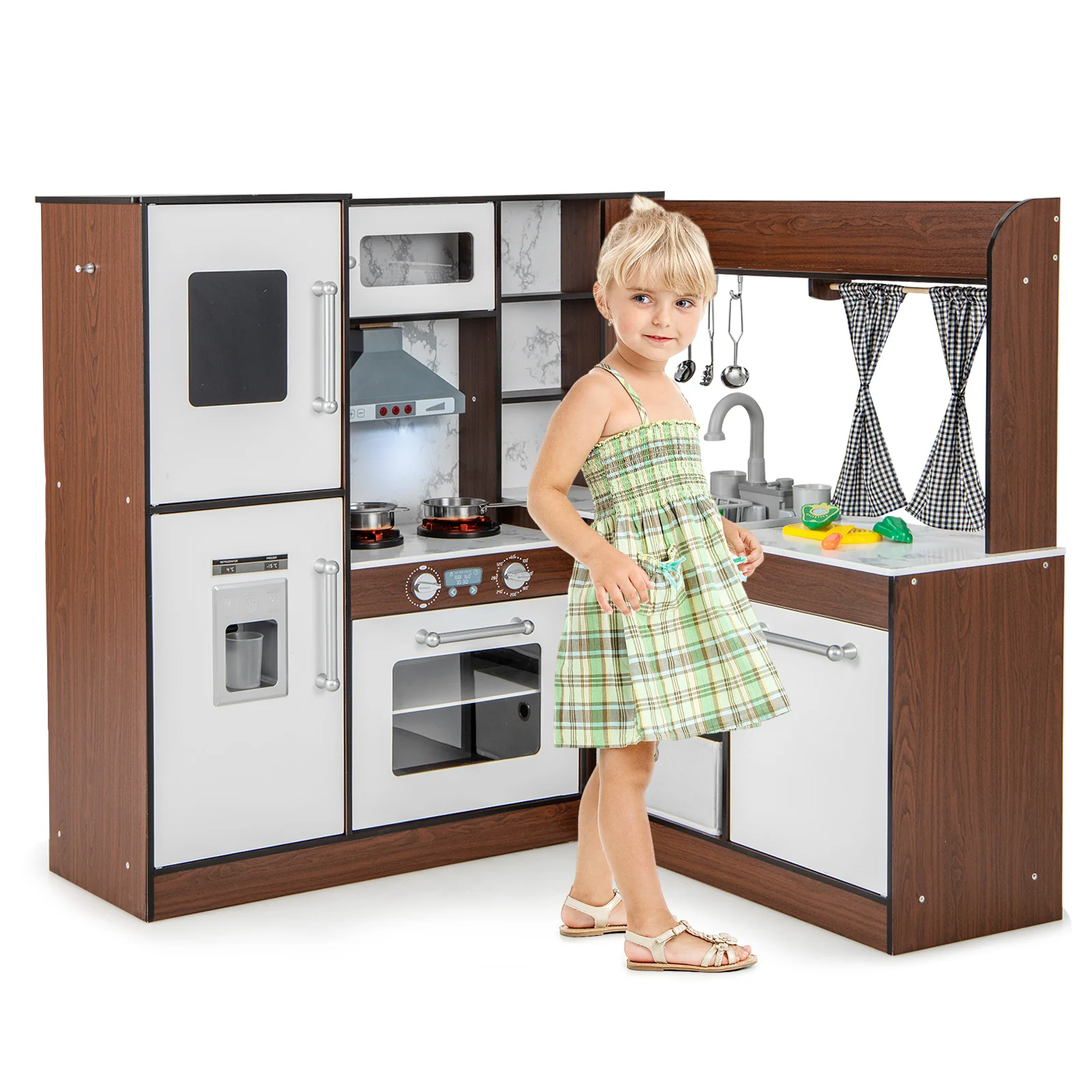 Wooden Corner Play Kitchen with Water Circulation System and Lights-Brown - Image 3