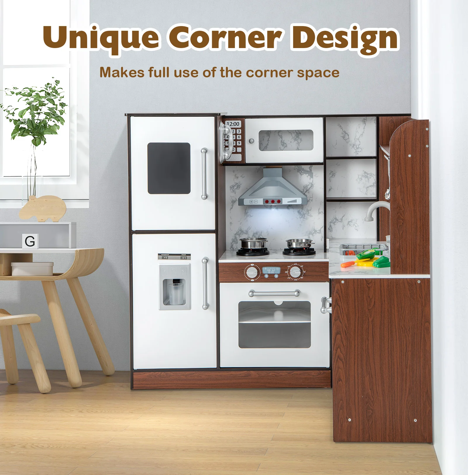 Wooden Corner Play Kitchen with Water Circulation System and Lights-Brown - Image 5