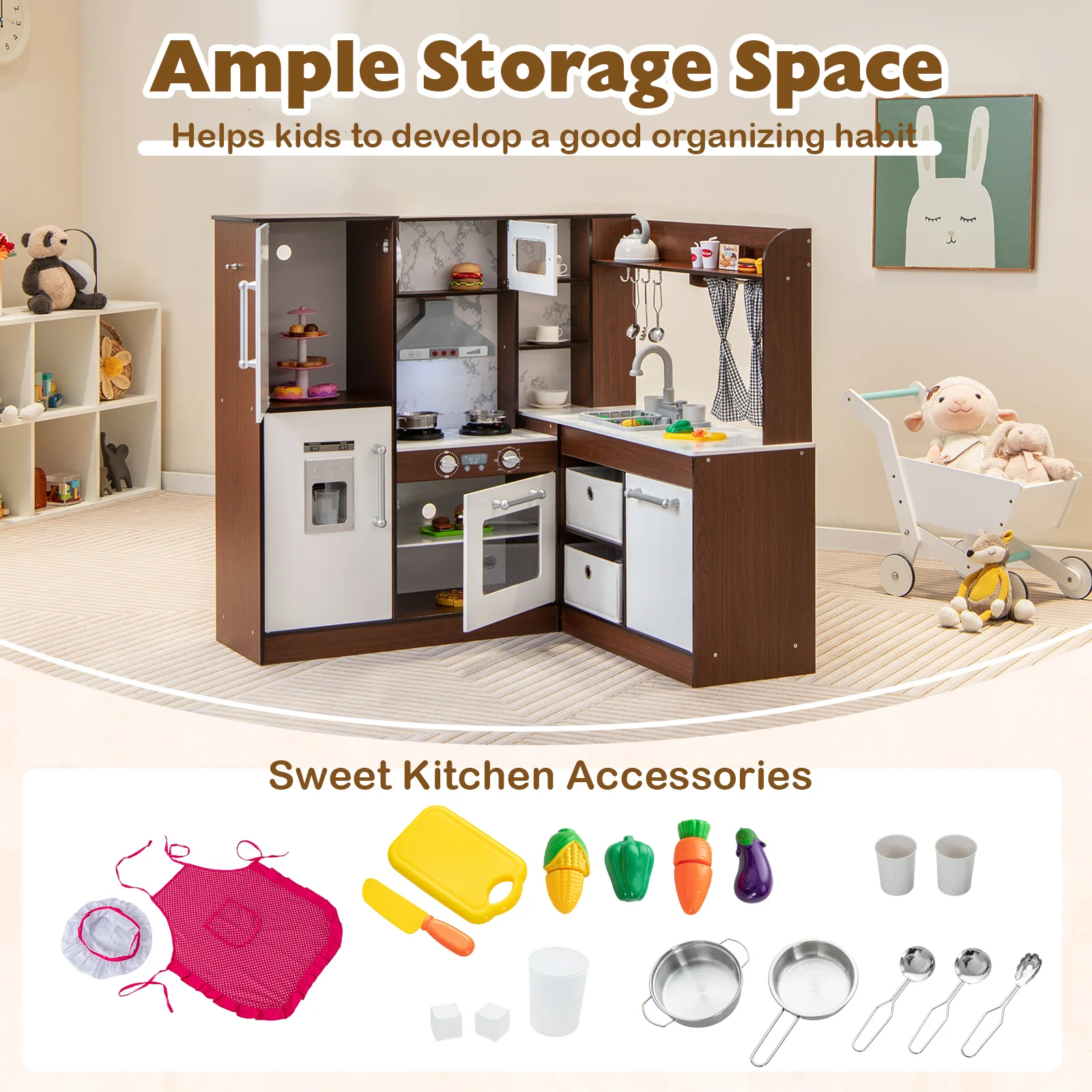 Wooden Corner Play Kitchen with Water Circulation System and Lights-Brown - Image 6