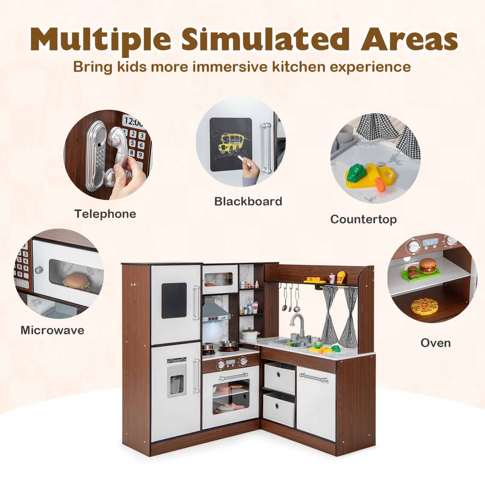 Wooden Corner Play Kitchen with Water Circulation System and Lights-Brown - Image 7