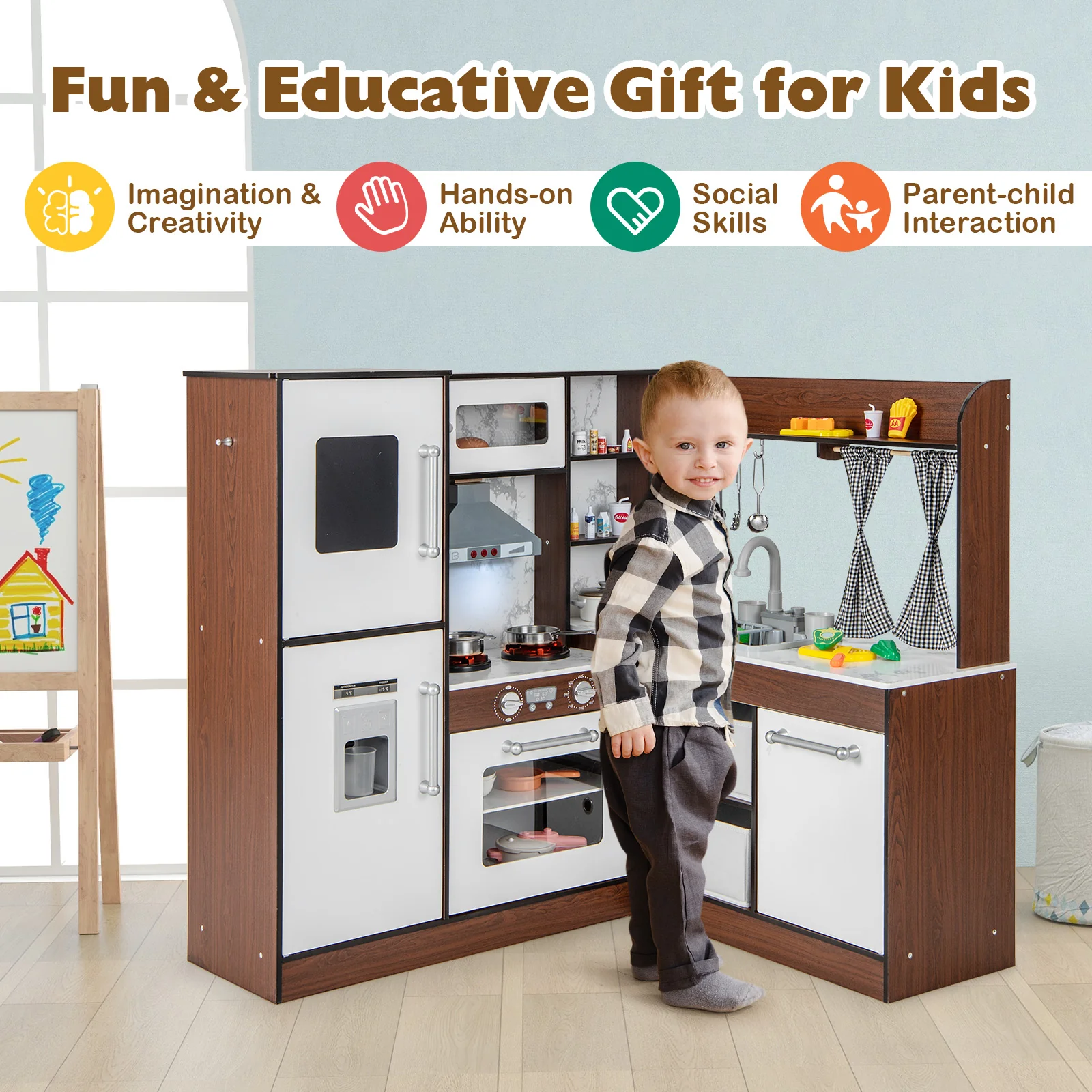 Wooden Corner Play Kitchen with Water Circulation System and Lights-Brown - Image 8