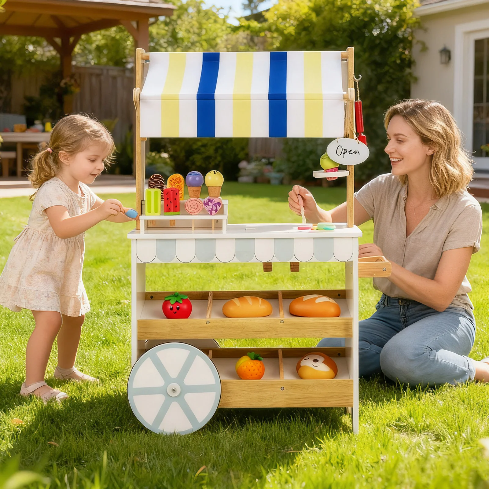 Wooden Ice Cream Cart for Kids 2-in-1 Grocery Store Playset with Display Shelves-White - Image 2
