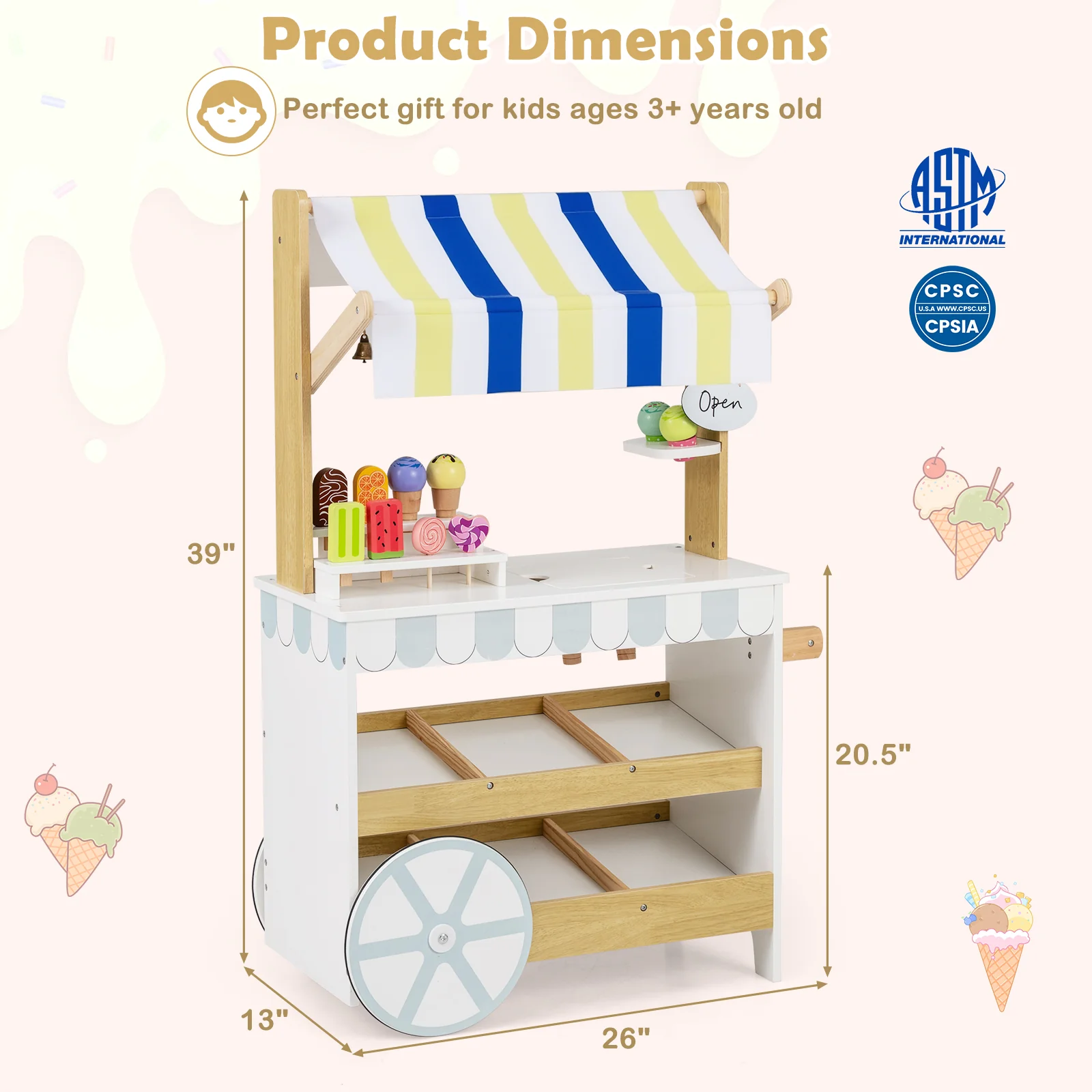 Wooden Ice Cream Cart for Kids 2-in-1 Grocery Store Playset with Display Shelves-White - Image 5