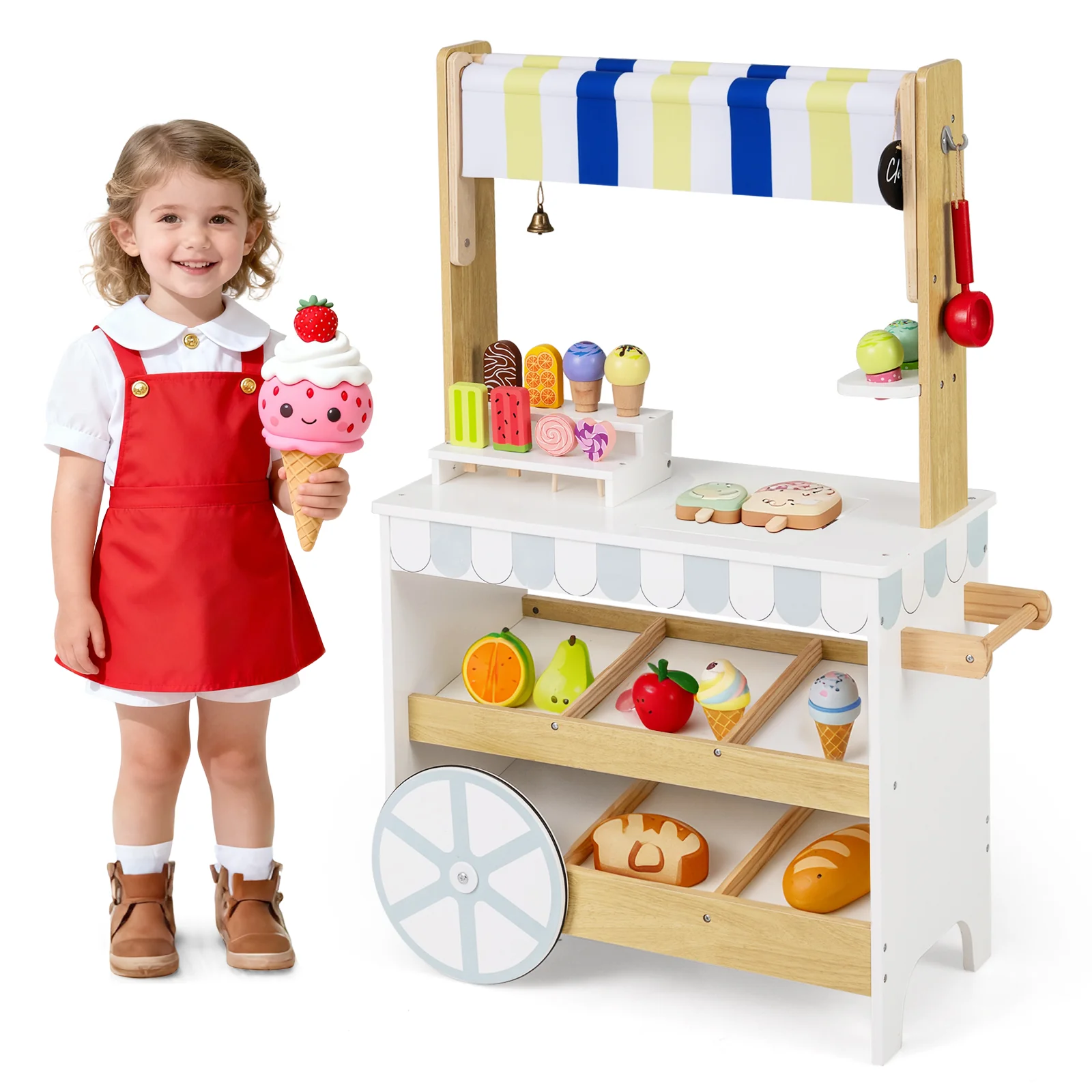 Wooden Ice Cream Cart for Kids 2-in-1 Grocery Store Playset with Display Shelves-White - Image 6