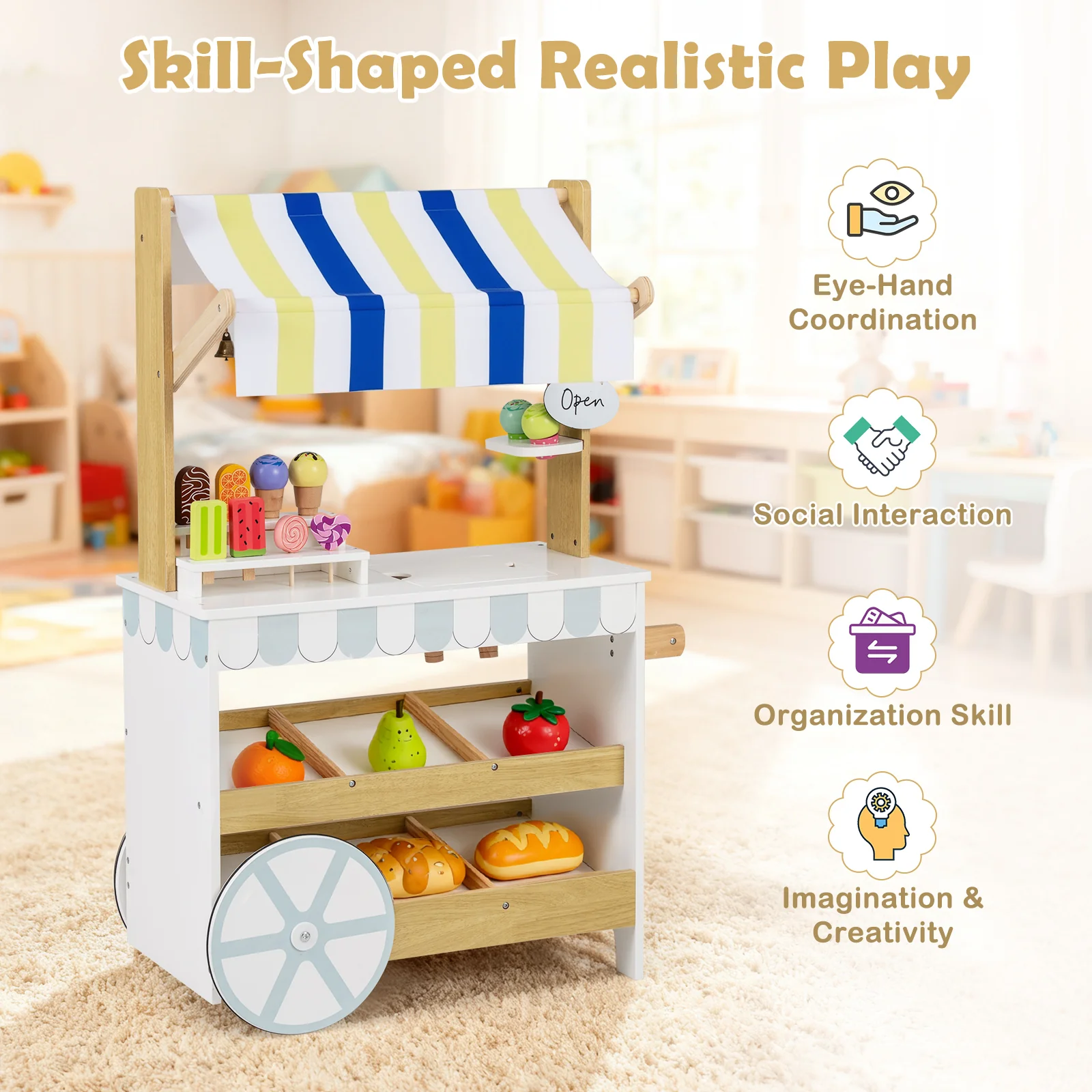 Wooden Ice Cream Cart for Kids 2-in-1 Grocery Store Playset with Display Shelves-White - Image 7