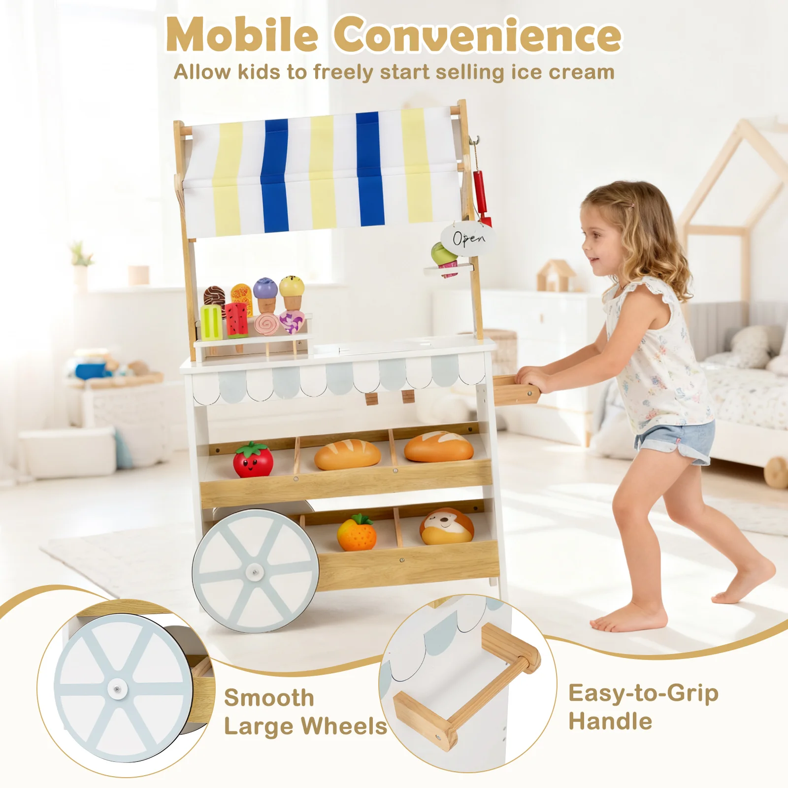 Wooden Ice Cream Cart for Kids 2-in-1 Grocery Store Playset with Display Shelves-White - Image 8