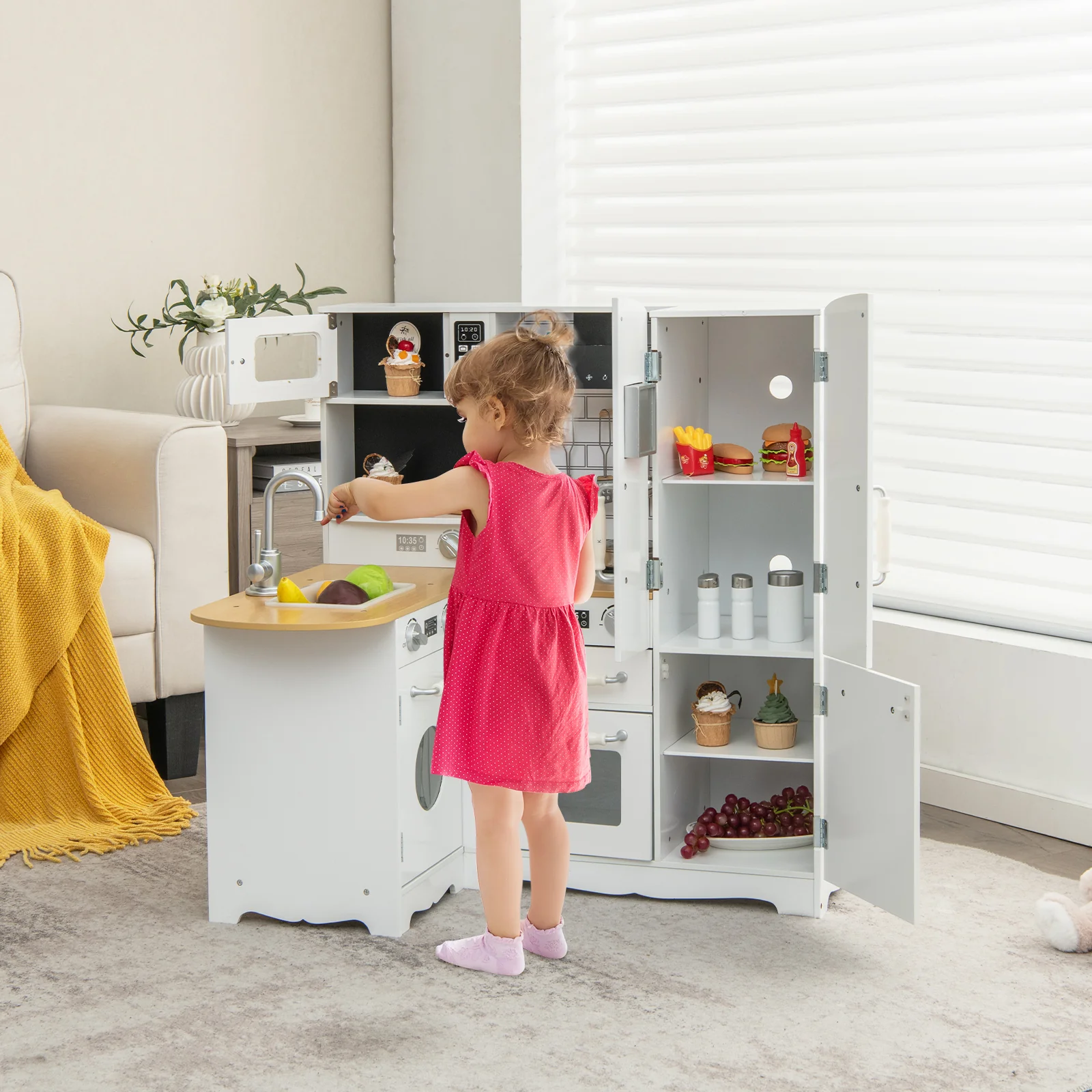 Wooden Kid's Corner Kitchen Playset with Stove for Toddlers-Natural & White - Image 2