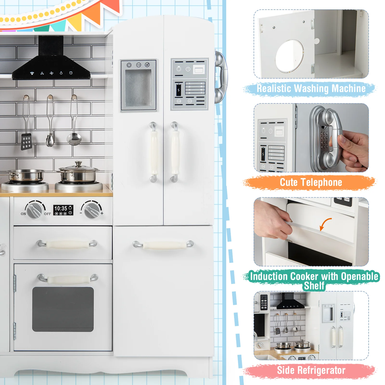 Wooden Kid's Corner Kitchen Playset with Stove for Toddlers-Natural & White - Image 7