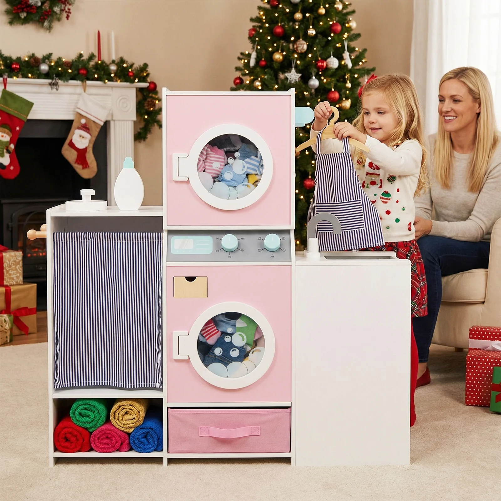 Wooden Kids Laundry Playset with Laundry Detergent Bottle and Clothes Hangers-Pink - Image 2