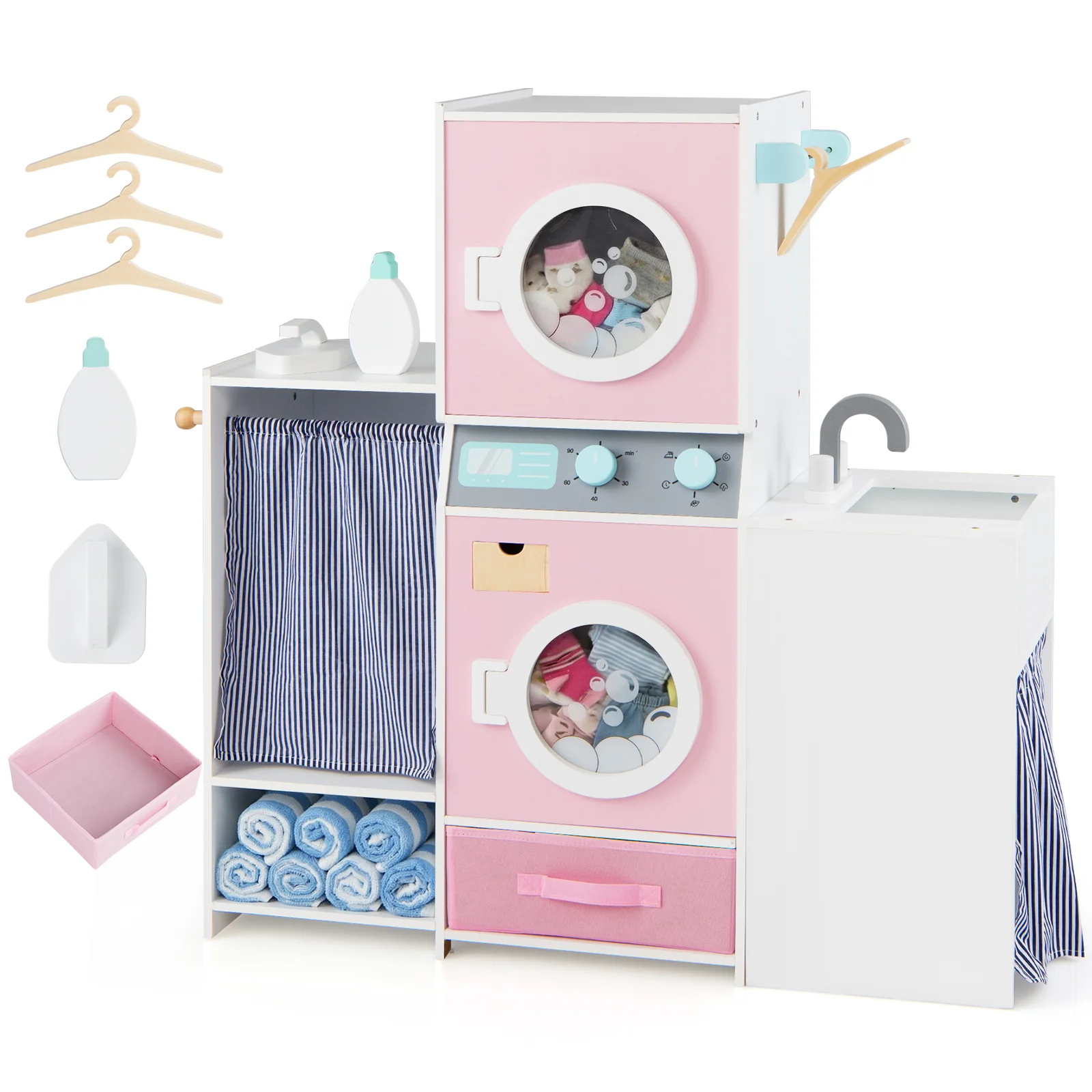 Wooden Kids Laundry Playset with Laundry Detergent Bottle and Clothes Hangers-Pink - Image 3