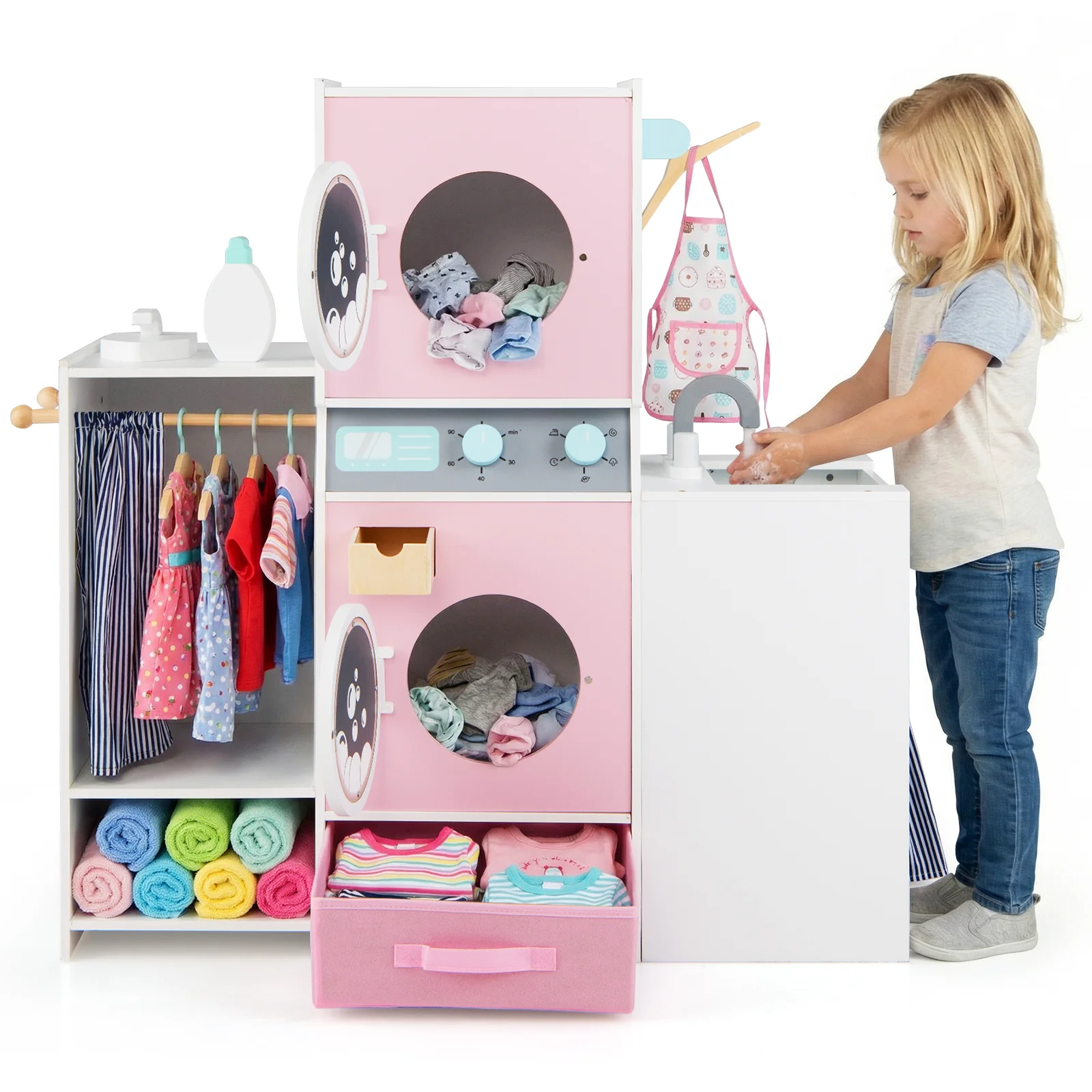 Wooden Kids Laundry Playset with Laundry Detergent Bottle and Clothes Hangers-Pink - Image 4