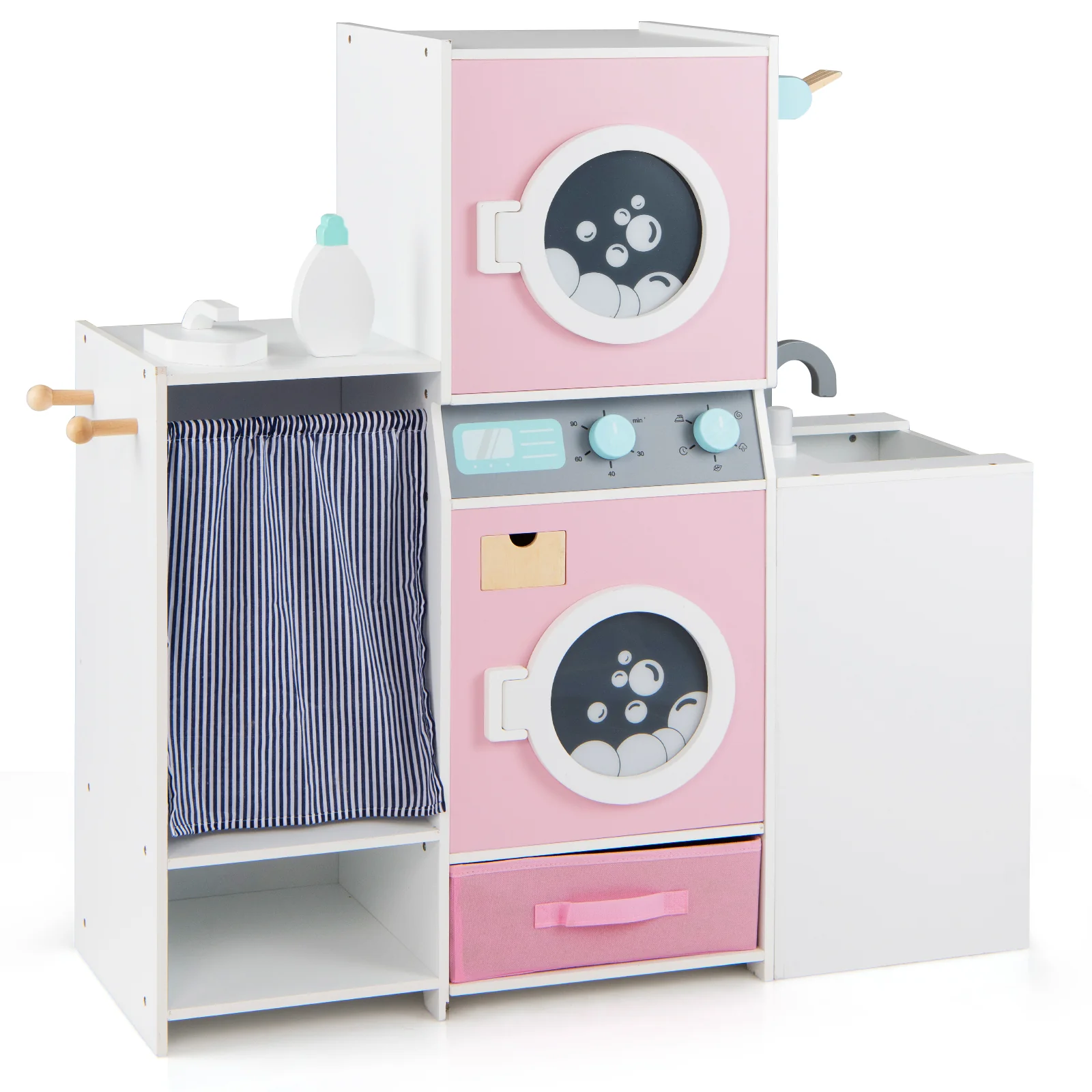 Wooden Kids Laundry Playset with Laundry Detergent Bottle and Clothes Hangers-Pink - Image 6