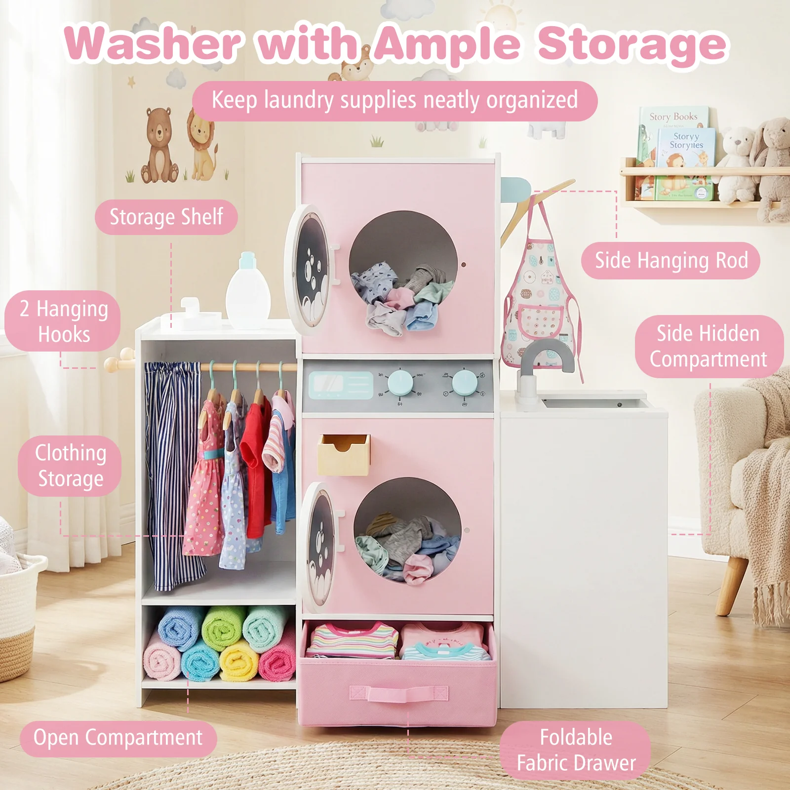 Wooden Kids Laundry Playset with Laundry Detergent Bottle and Clothes Hangers-Pink - Image 7