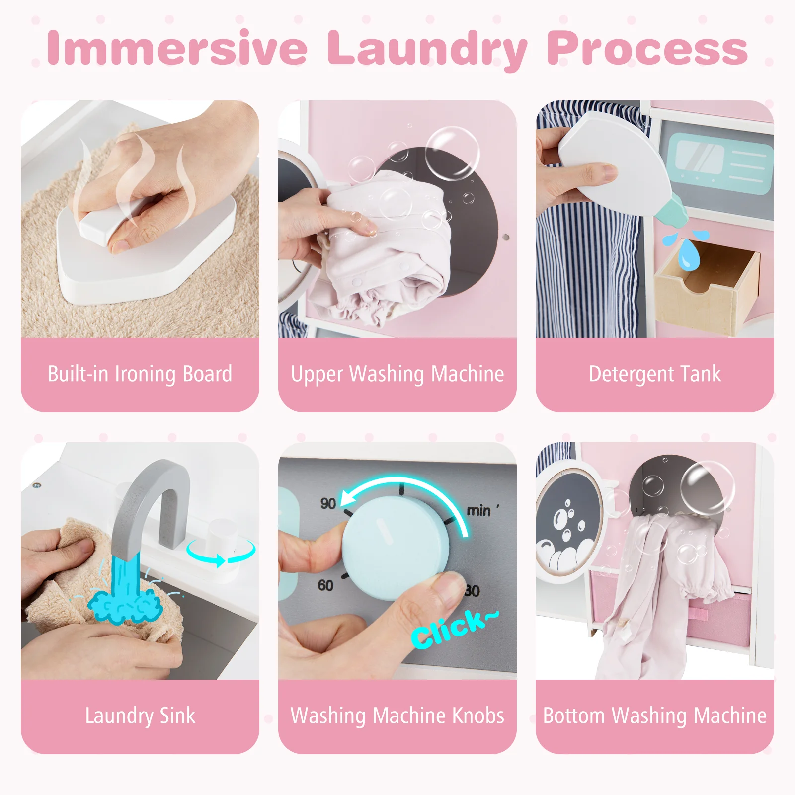 Wooden Kids Laundry Playset with Laundry Detergent Bottle and Clothes Hangers-Pink - Image 8
