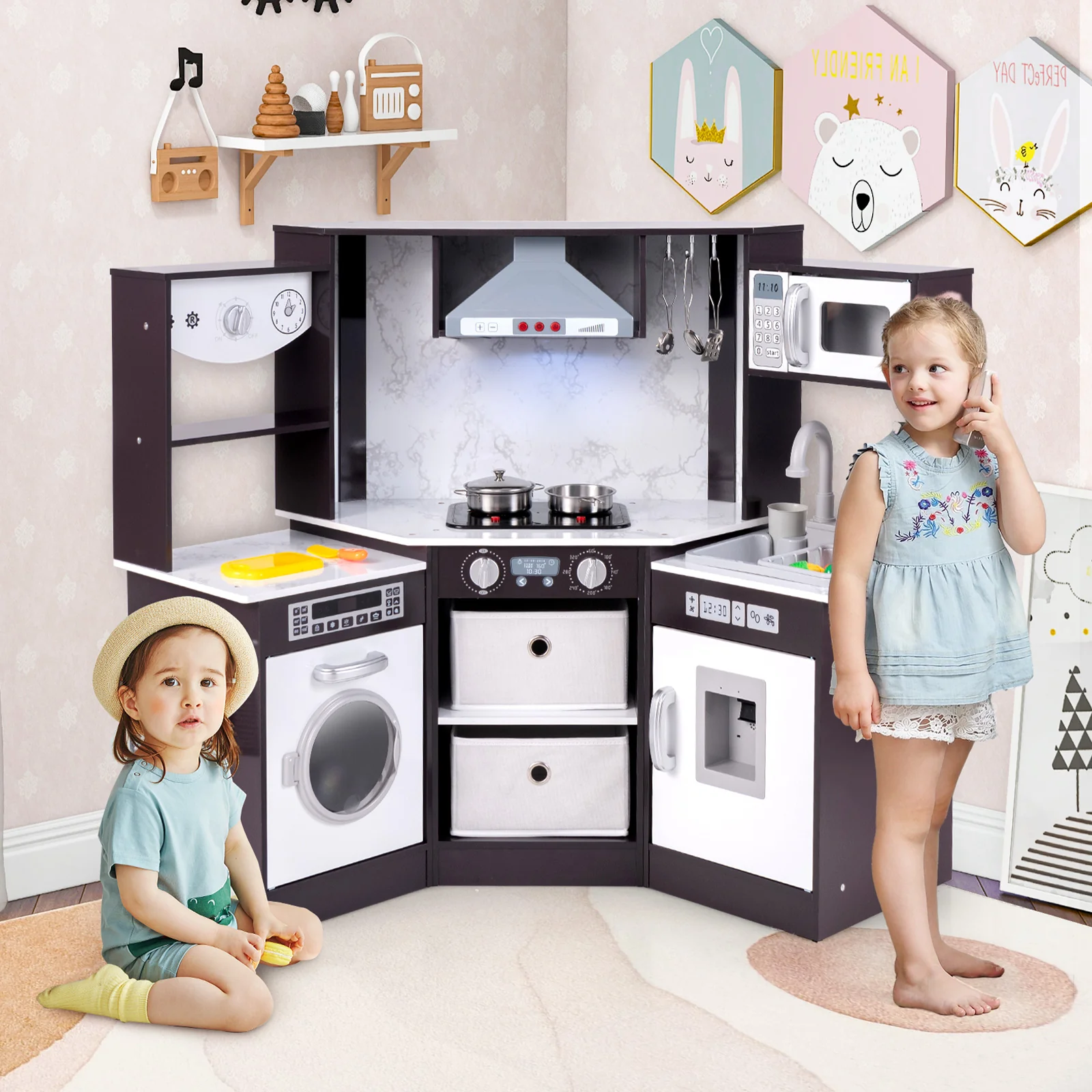 Wooden Kids Play Kitchen Playset with Realistic Lights and Sounds - Image 10