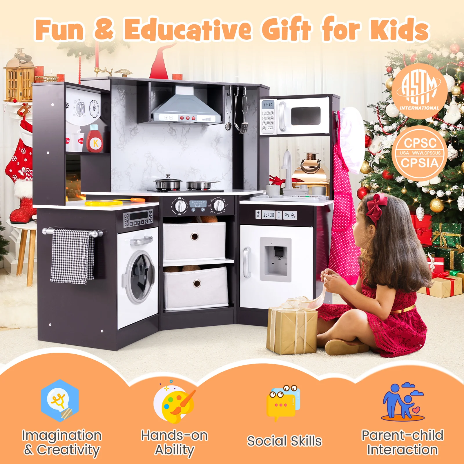 Wooden Kids Play Kitchen Playset with Realistic Lights and Sounds - Image 14