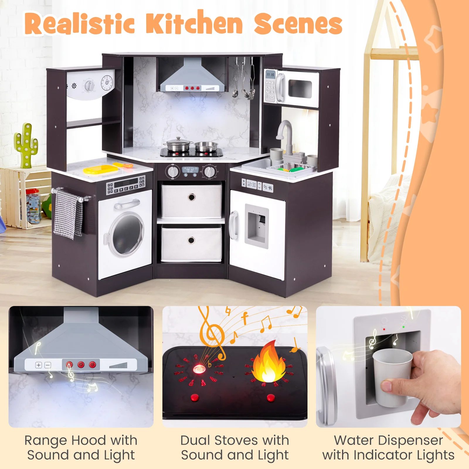 Wooden Kids Play Kitchen Playset with Realistic Lights and Sounds - Image 16