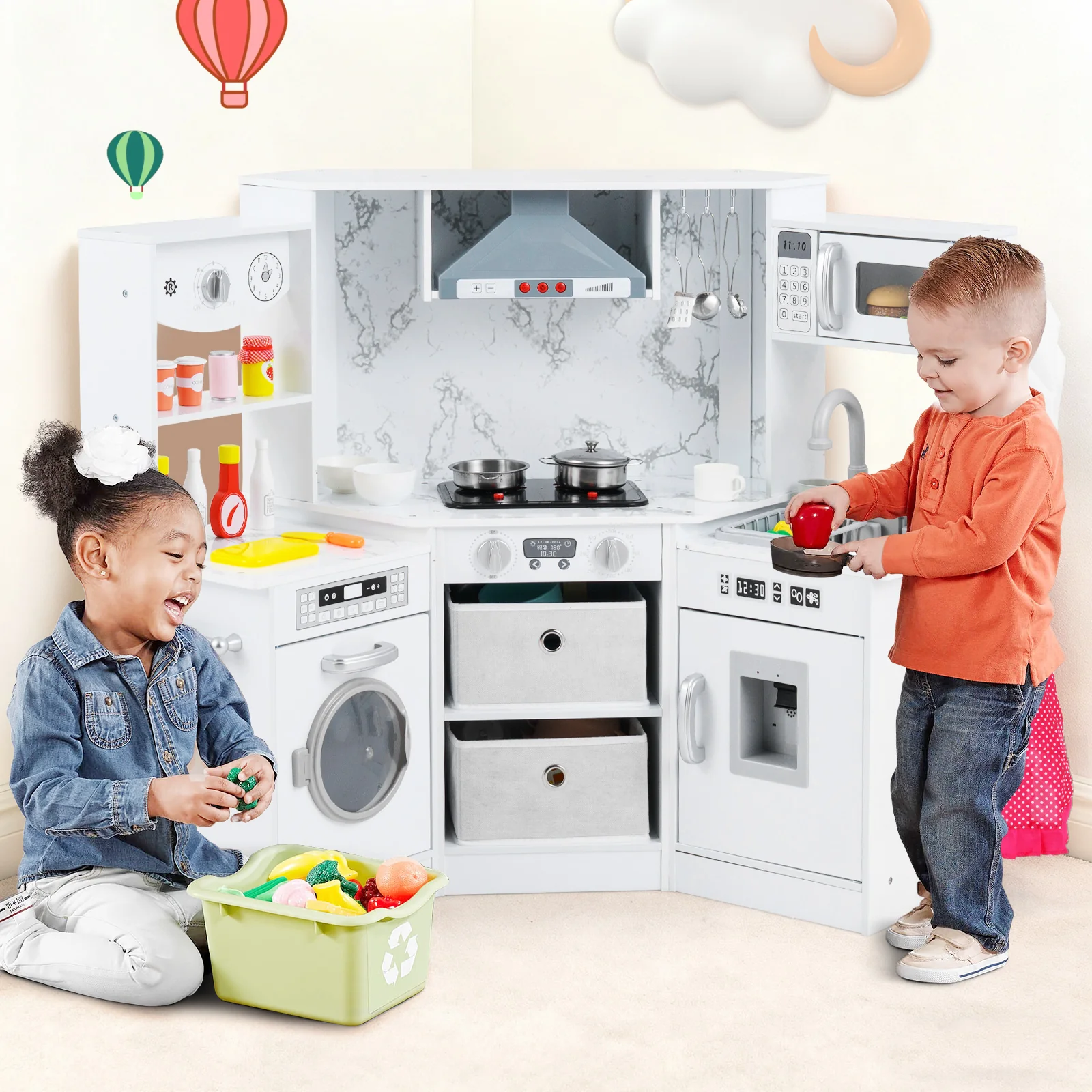 Wooden Kids Play Kitchen Playset with Realistic Lights and Sounds - Image 17