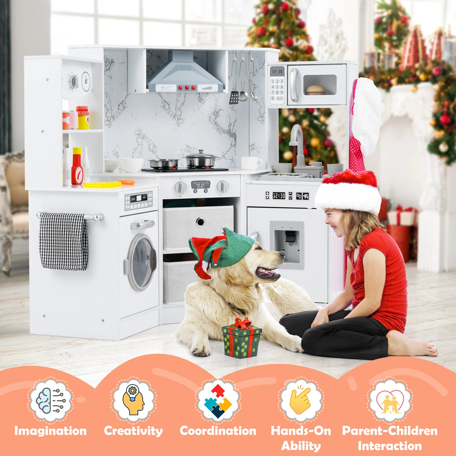 Wooden Kids Play Kitchen Playset with Realistic Lights and Sounds - Image 21