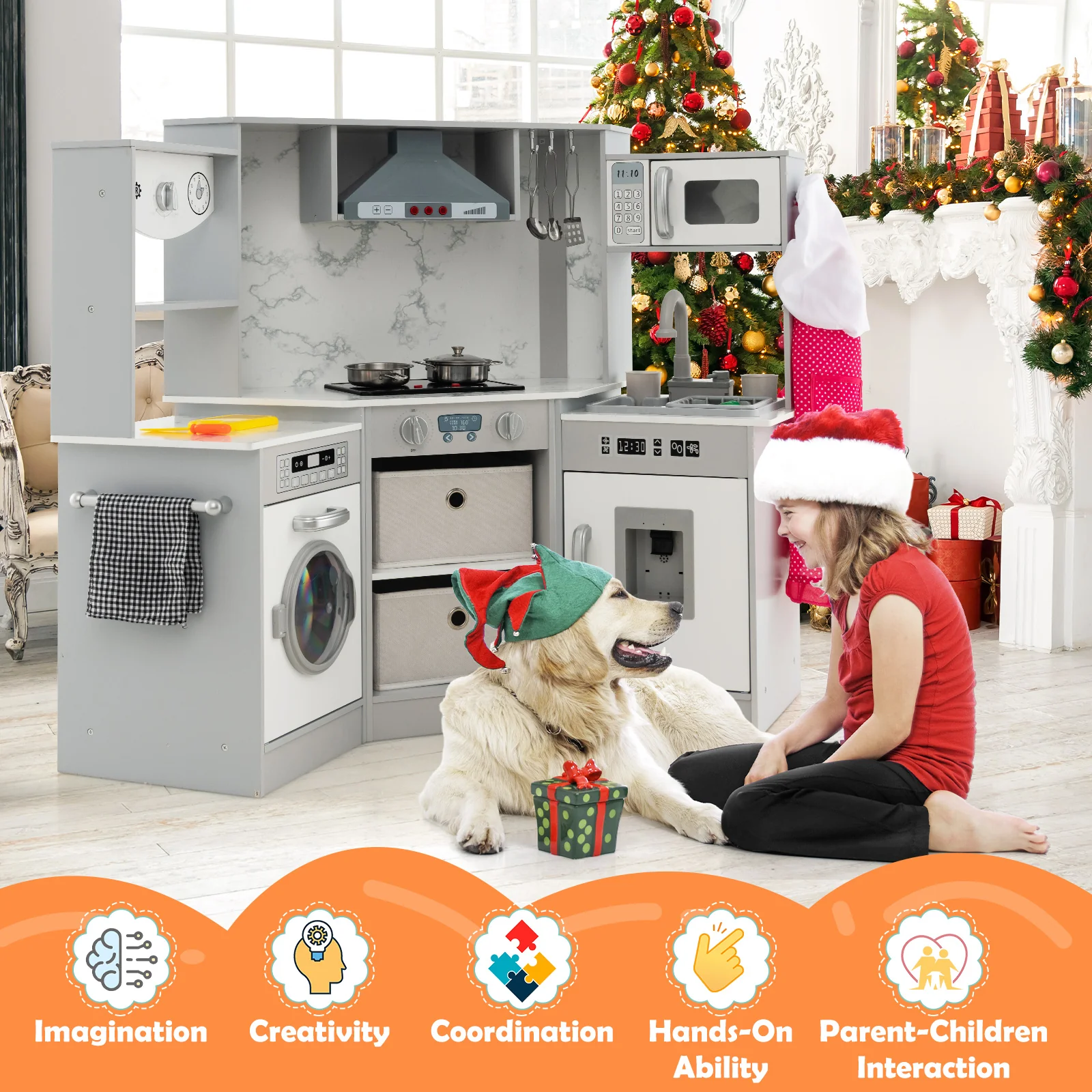 Wooden Kids Play Kitchen Playset with Realistic Lights and Sounds - Image 4