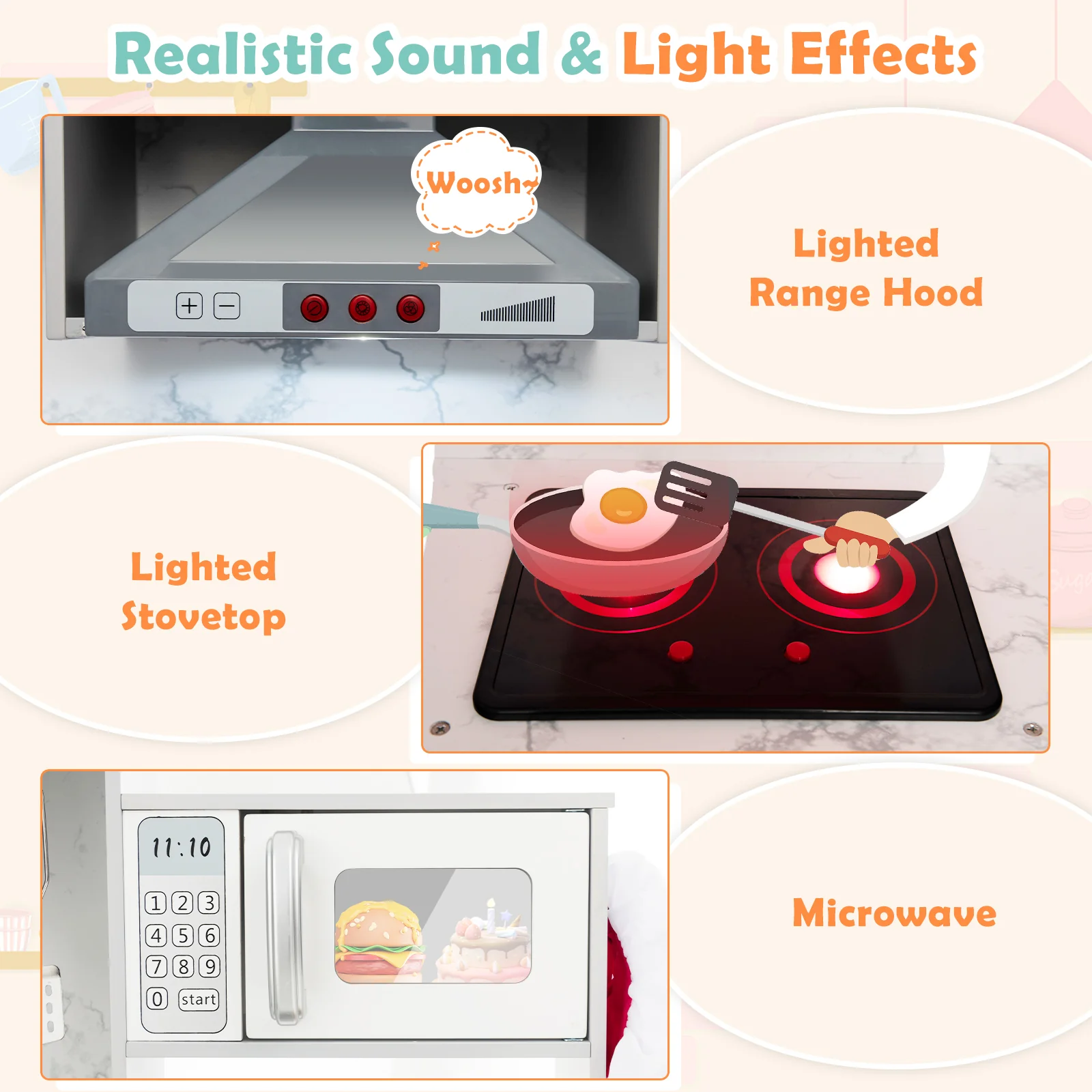 Wooden Kids Play Kitchen Playset with Realistic Lights and Sounds - Image 5