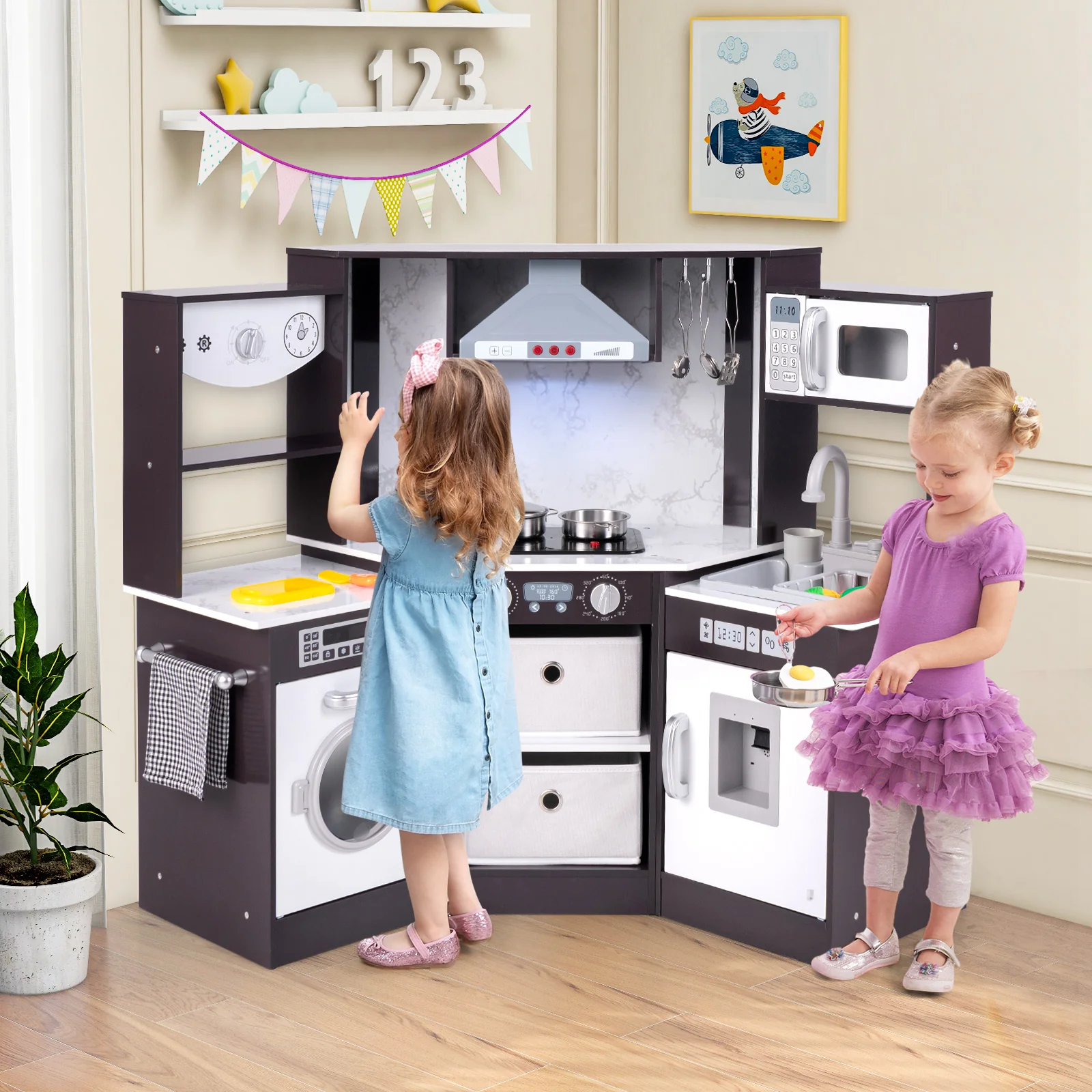 Wooden Kids Play Kitchen Playset with Realistic Lights and Sounds - Image 9