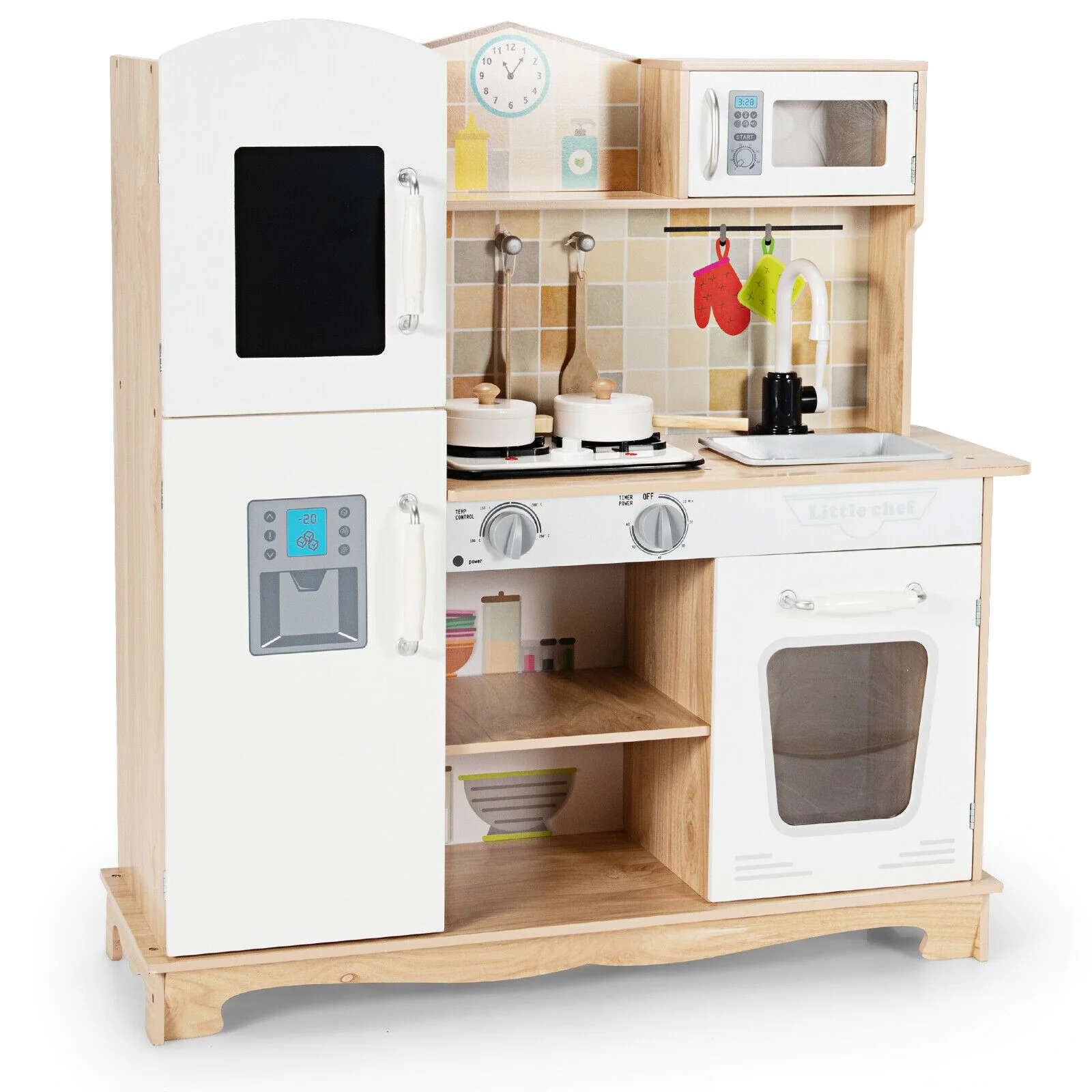 Wooden Kids Pretend Kitchen Playset Cooking Play Toy with Utensils and Sound - Image 3