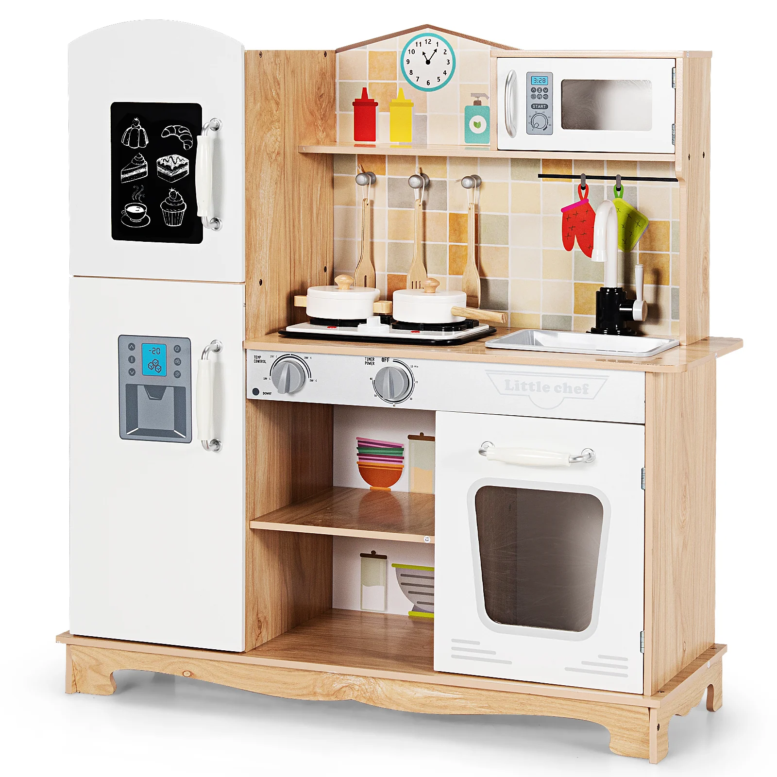 Wooden Kids Pretend Kitchen Playset Cooking Play Toy with Utensils and Sound - Image 4