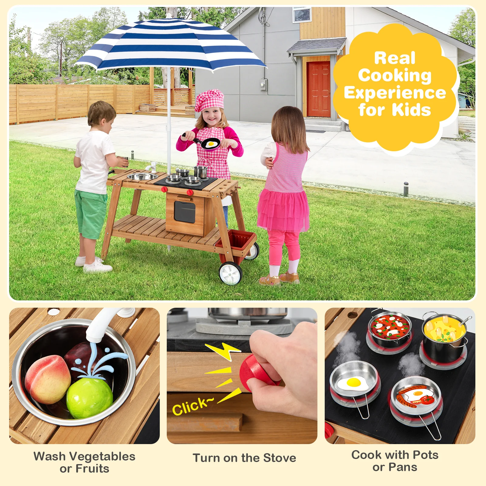 Wooden Play Cart with Sun Proof Umbrella for Toddlers Over 3 Years Old - Image 14