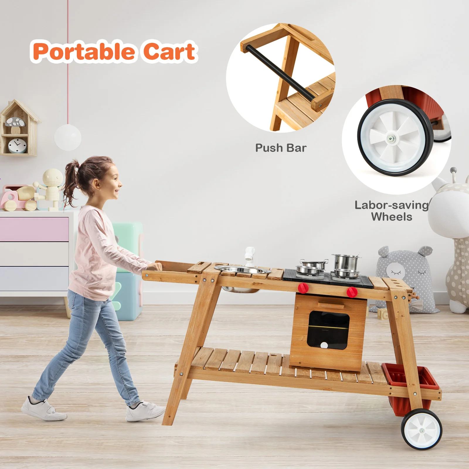 Wooden Play Cart with Sun Proof Umbrella for Toddlers Over 3 Years Old - Image 16