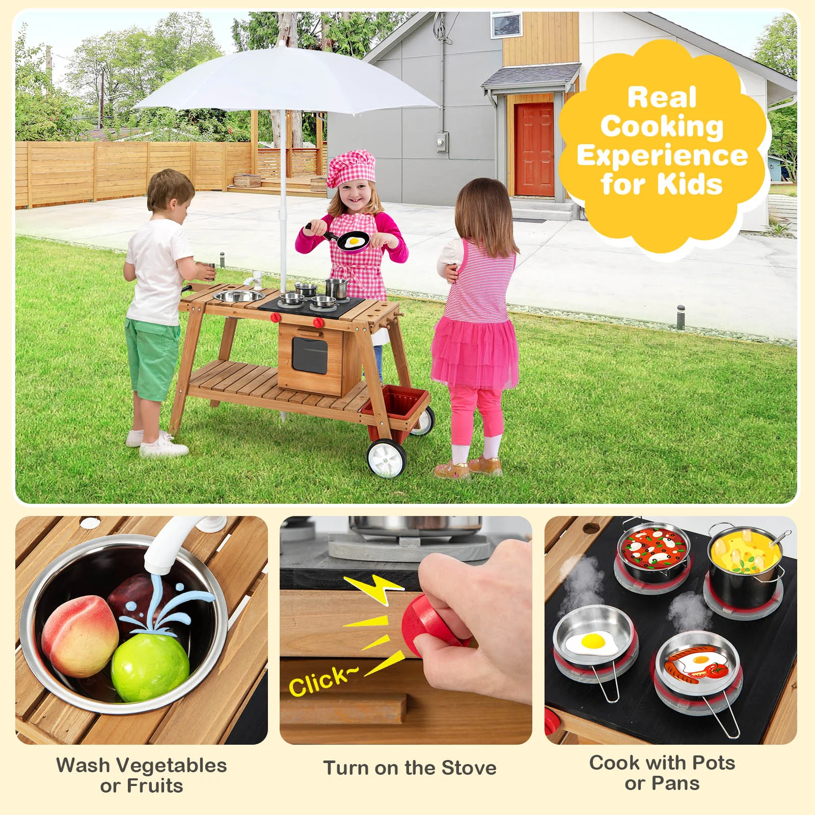Wooden Play Cart with Sun Proof Umbrella for Toddlers Over 3 Years Old - Image 7