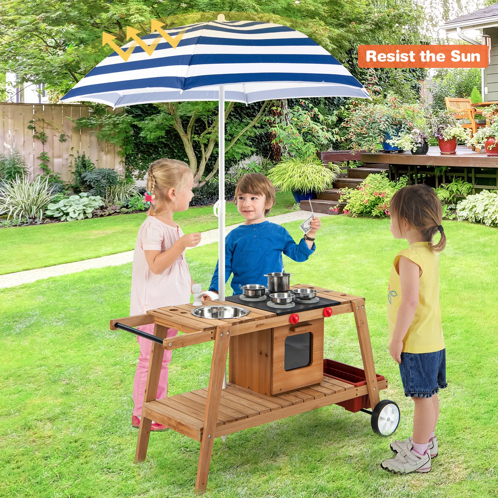 Wooden Play Cart with Sun Proof Umbrella for Toddlers Over 3 Years Old - Image 9