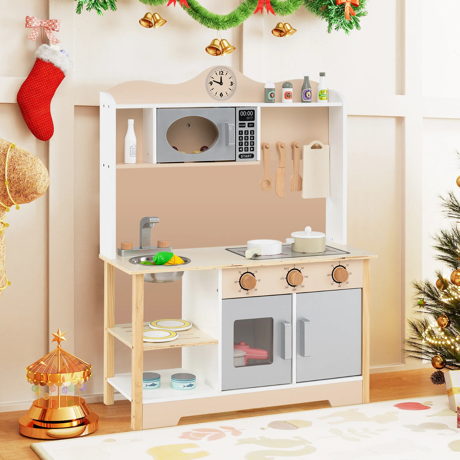 Wooden Play Kitchen Cooking Toy Playset for Kids-White - Image 2