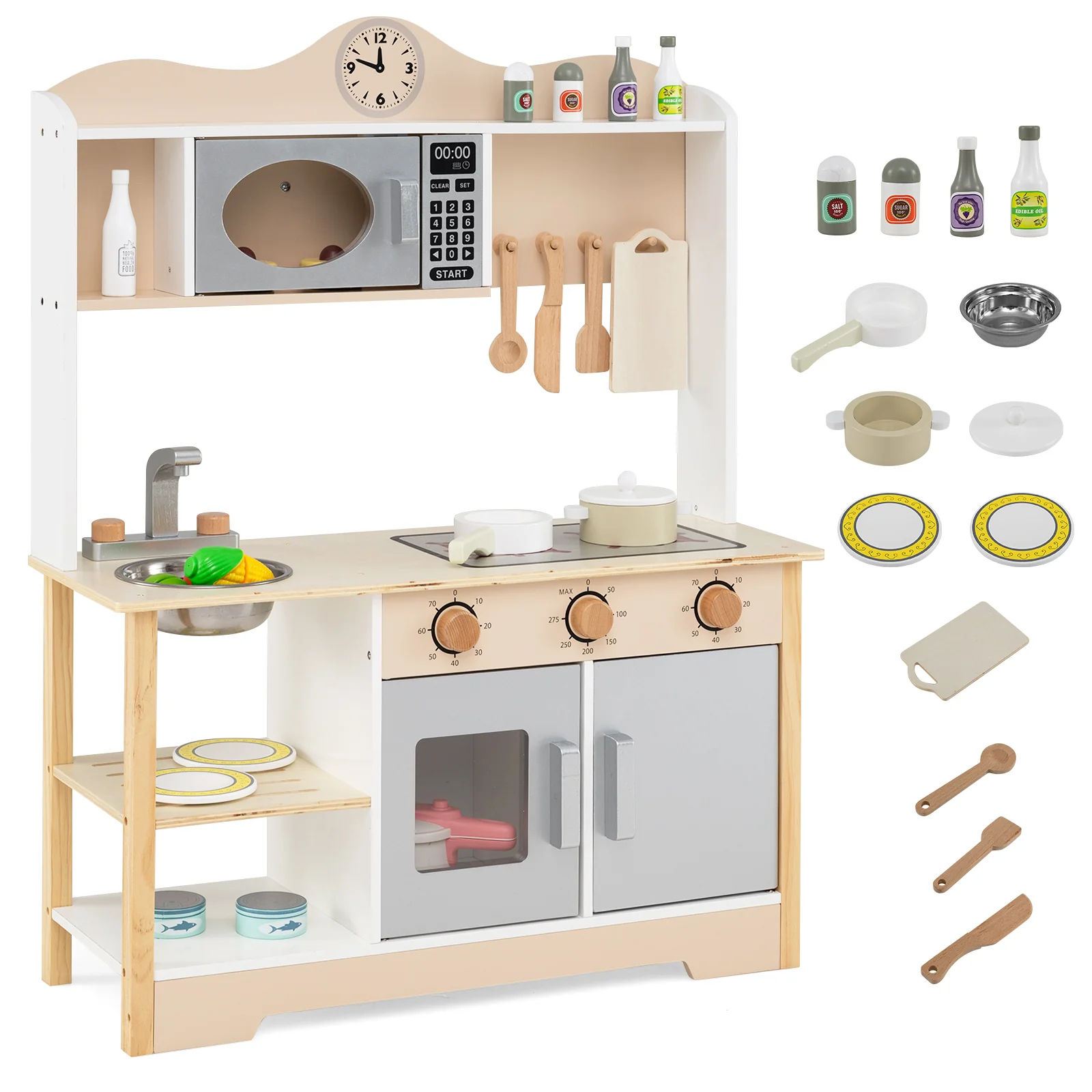 Wooden Play Kitchen Cooking Toy Playset for Kids-White - Image 3