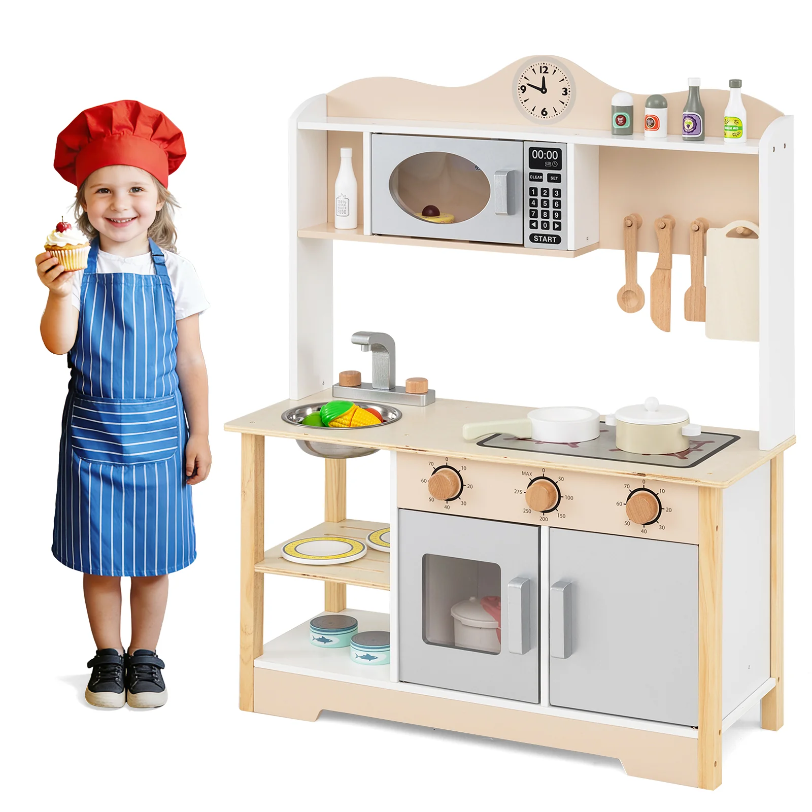 Wooden Play Kitchen Cooking Toy Playset for Kids-White - Image 4