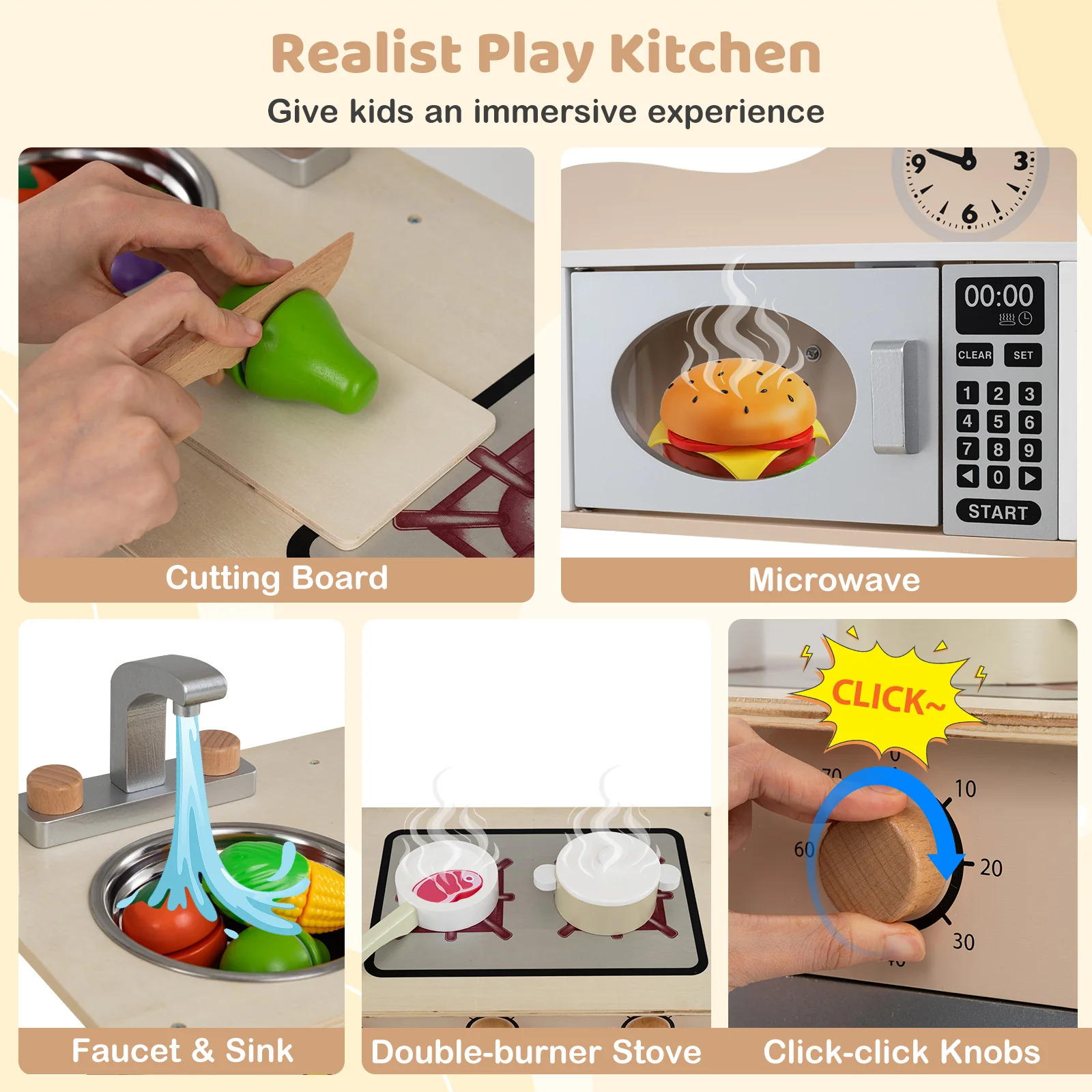 Wooden Play Kitchen Cooking Toy Playset for Kids-White - Image 6