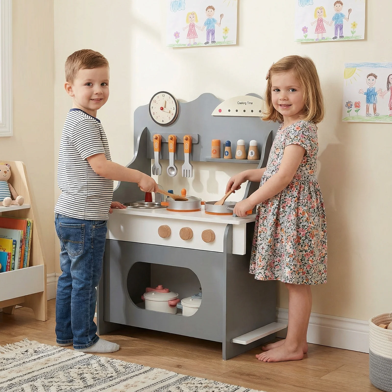 Wooden Play Kitchen for Kids Pretend Play Toy Kitchen Set with Clock Gift for Boys and Girls 3 +Pink - Image 10