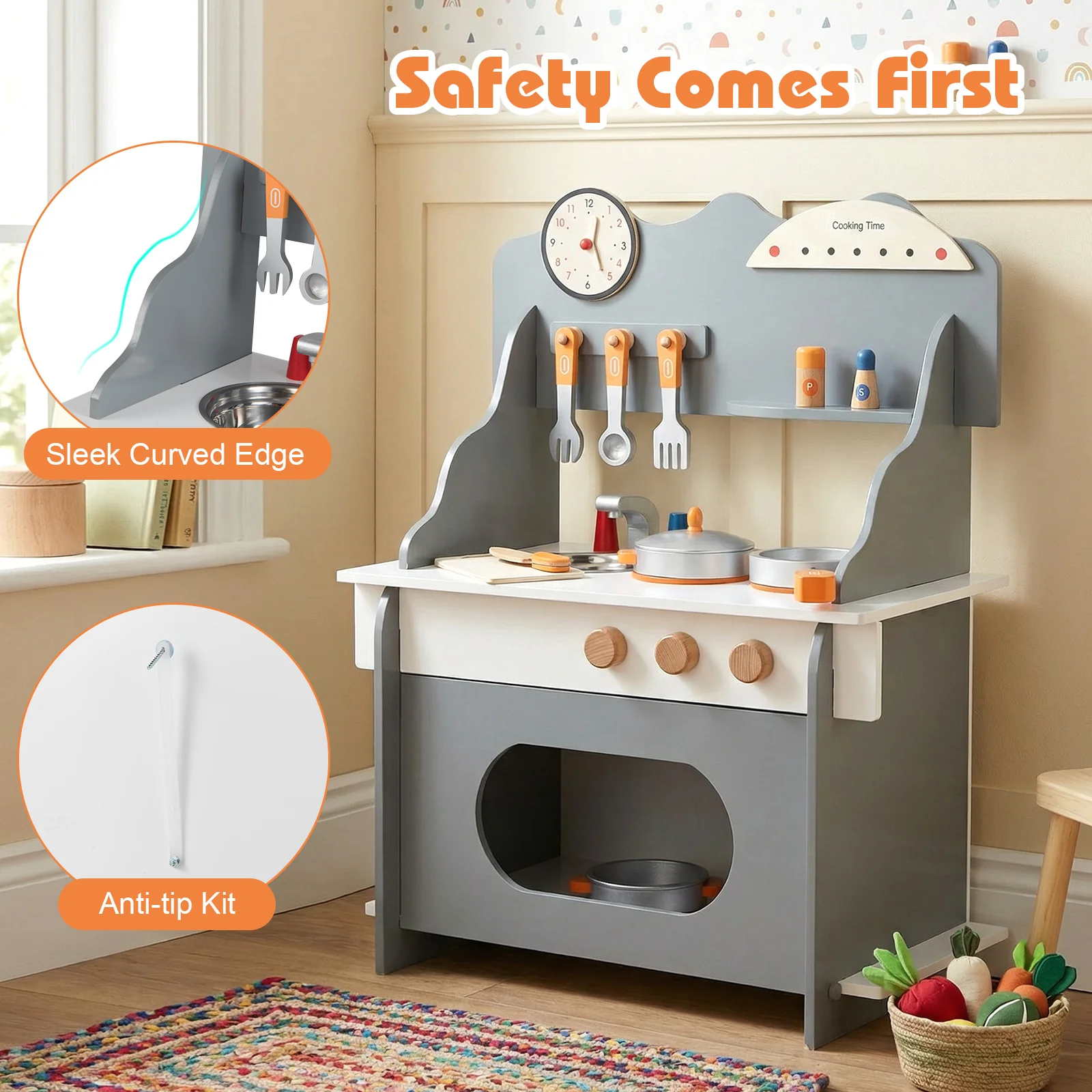 Wooden Play Kitchen for Kids Pretend Play Toy Kitchen Set with Clock Gift for Boys and Girls 3 +Pink - Image 16