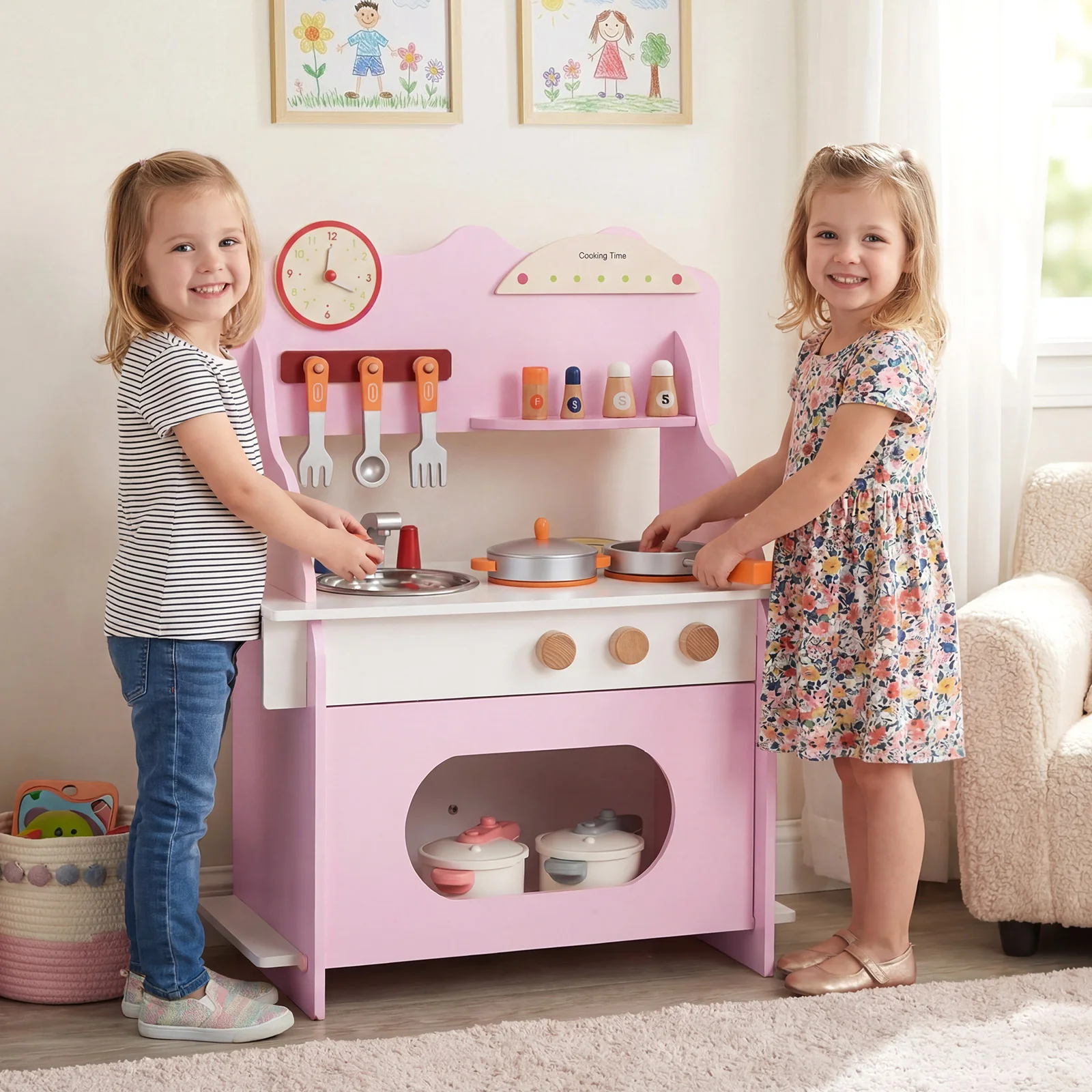 Wooden Play Kitchen for Kids Pretend Play Toy Kitchen Set with Clock Gift for Boys and Girls 3 +Pink - Image 2