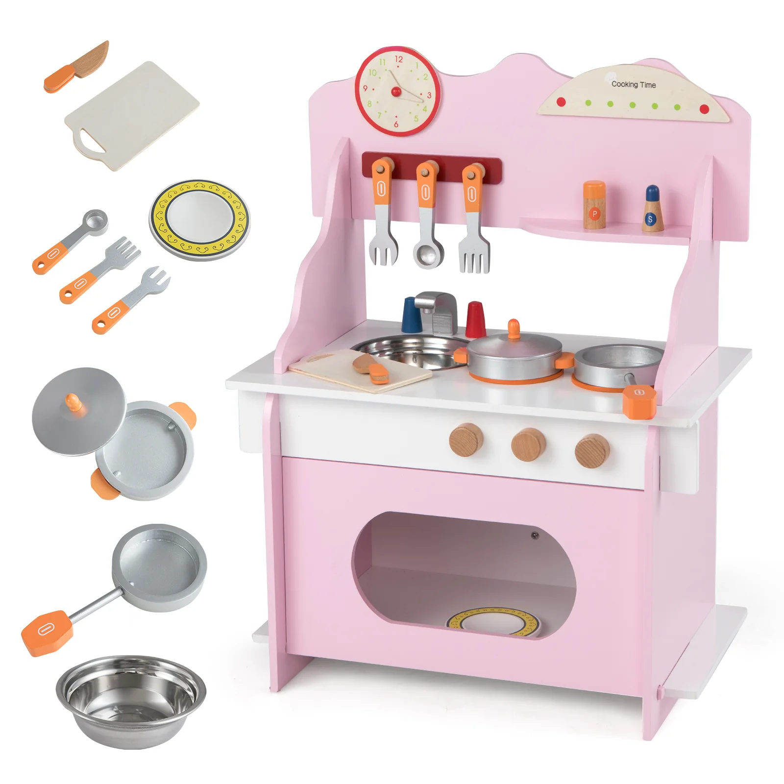 Wooden Play Kitchen for Kids Pretend Play Toy Kitchen Set with Clock Gift for Boys and Girls 3 +Pink - Image 3