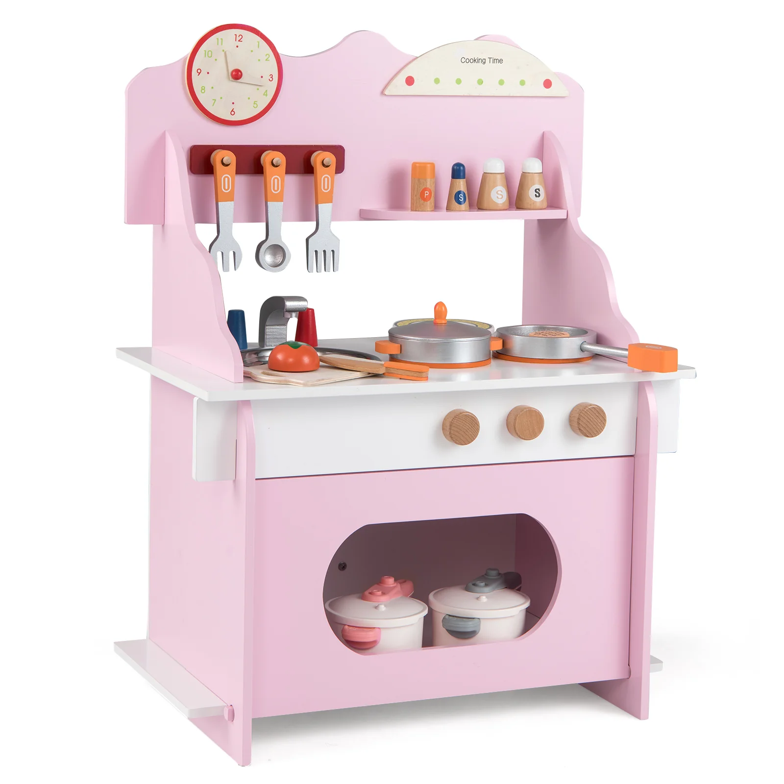 Wooden Play Kitchen for Kids Pretend Play Toy Kitchen Set with Clock Gift for Boys and Girls 3 +Pink - Image 4
