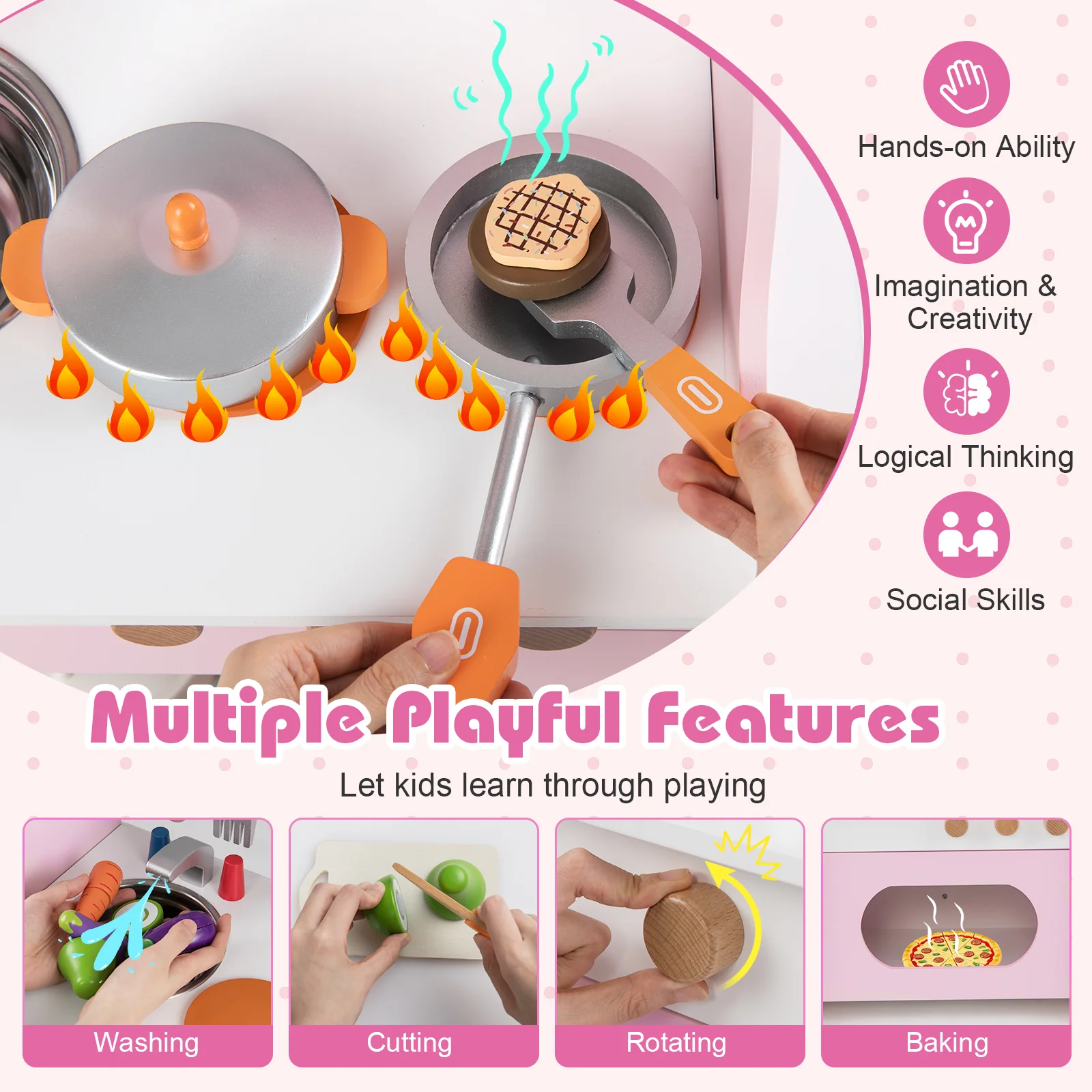 Wooden Play Kitchen for Kids Pretend Play Toy Kitchen Set with Clock Gift for Boys and Girls 3 +Pink - Image 6