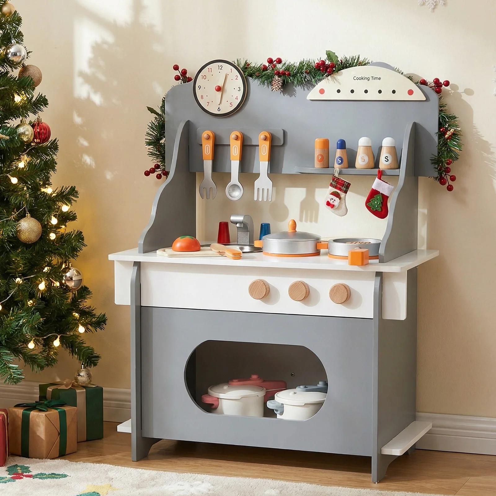 Wooden Play Kitchen for Kids Pretend Play Toy Kitchen Set with Clock Gift for Boys and Girls 3 +Pink - Image 9