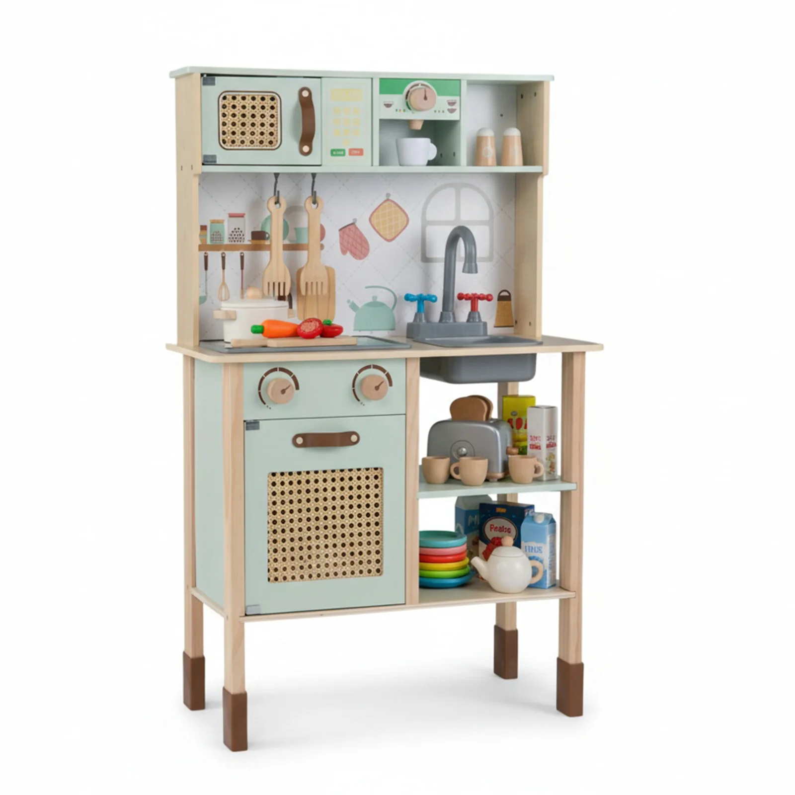 Wooden Play Kitchen for Kids with Lights and Sounds Retro Style With Accessories-Green - Image 2