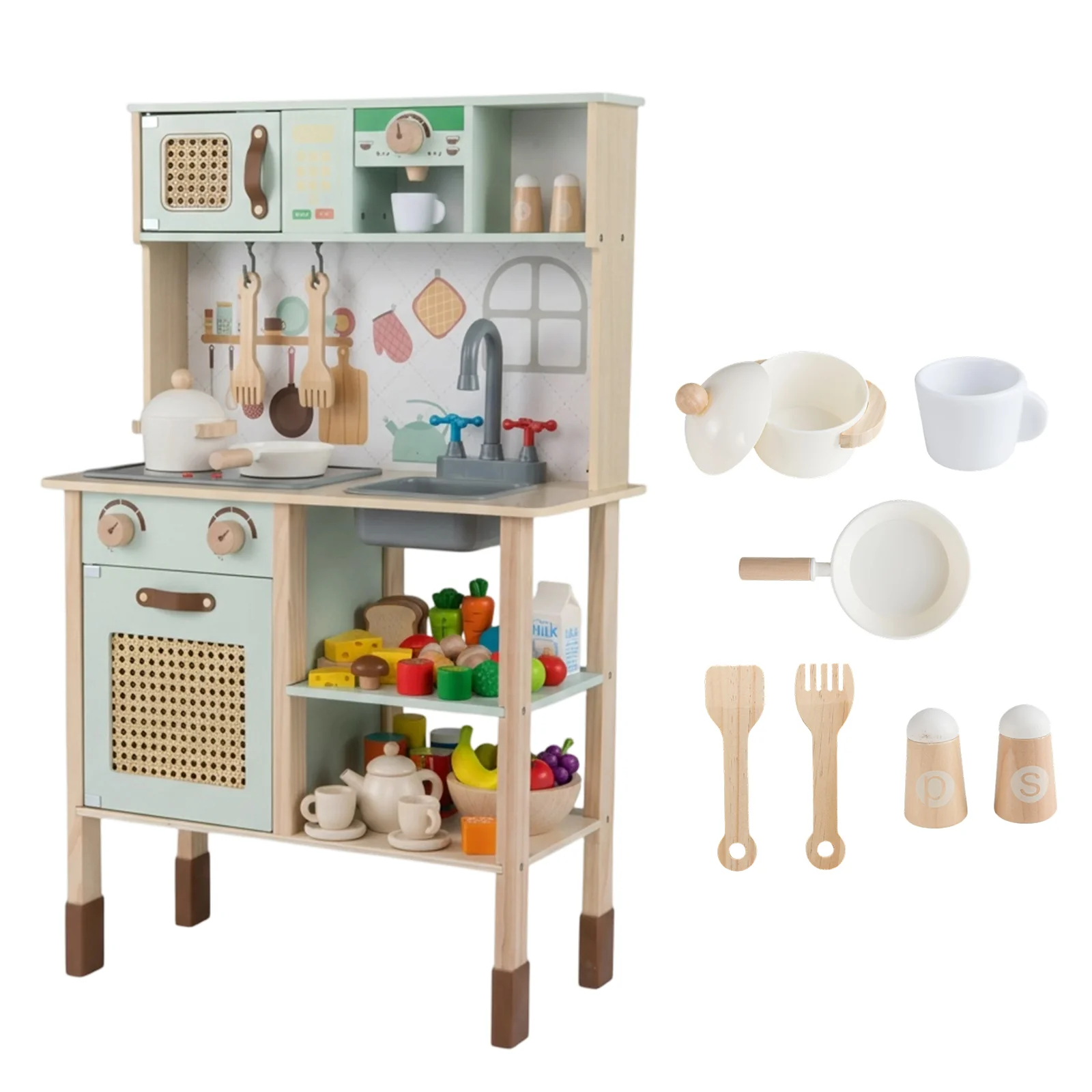 Wooden Play Kitchen for Kids with Lights and Sounds Retro Style With Accessories-Green - Image 3