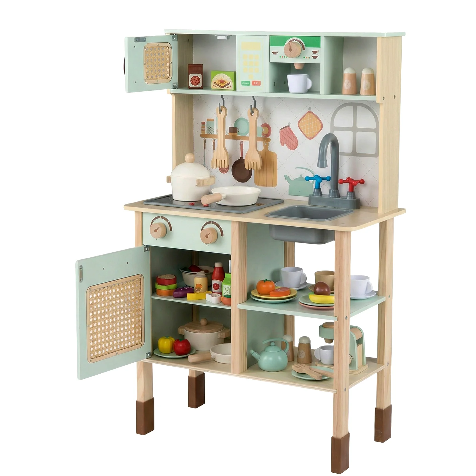 Wooden Play Kitchen for Kids with Lights and Sounds Retro Style With Accessories-Green - Image 4