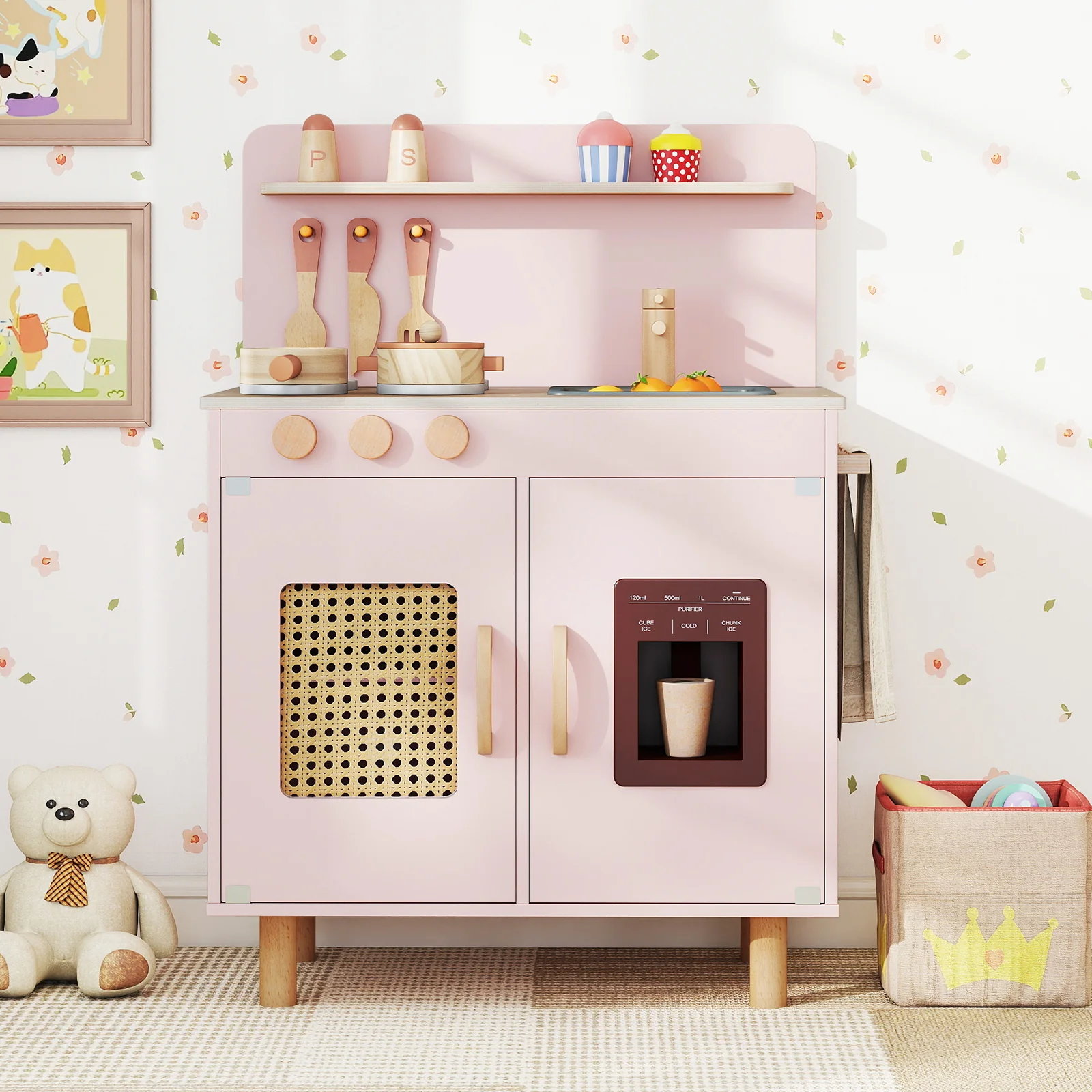 Wooden Pretend Kitchen Playset with Realistic Ice Maker - Image 10