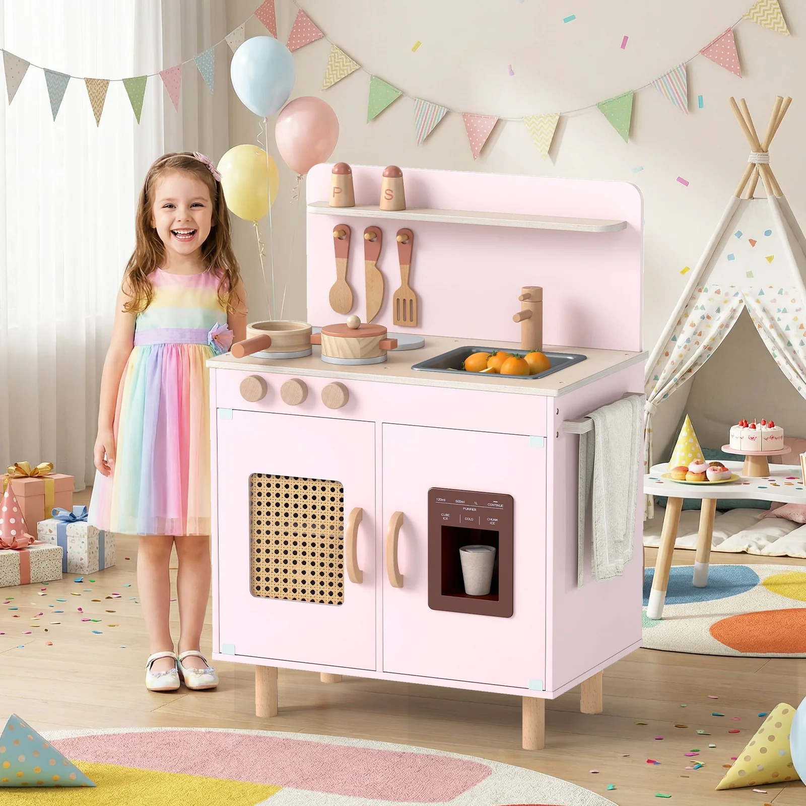 Wooden Pretend Kitchen Playset with Realistic Ice Maker - Image 14