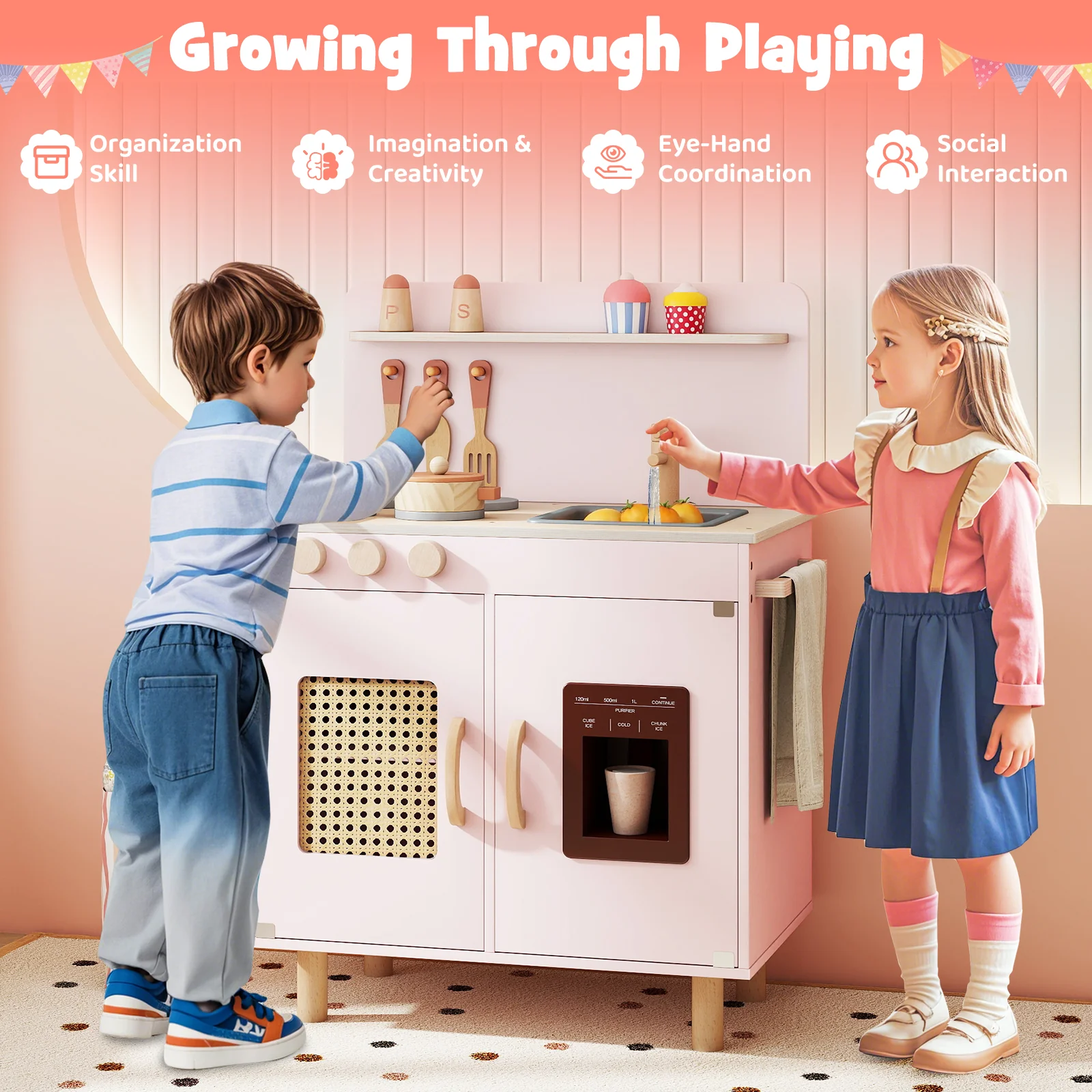 Wooden Pretend Kitchen Playset with Realistic Ice Maker - Image 15