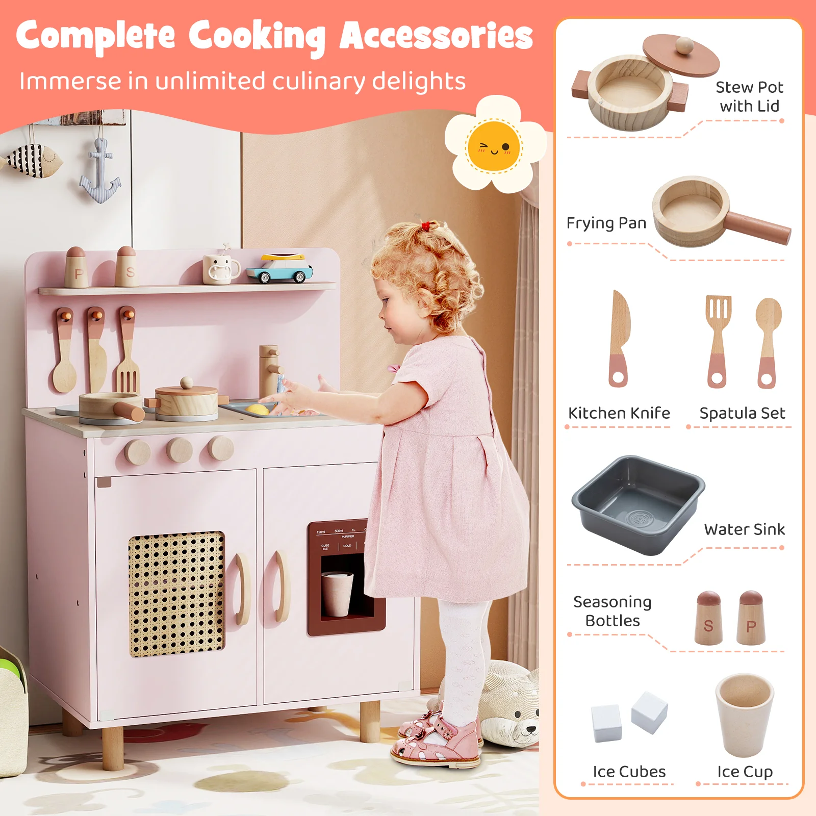 Wooden Pretend Kitchen Playset with Realistic Ice Maker - Image 16